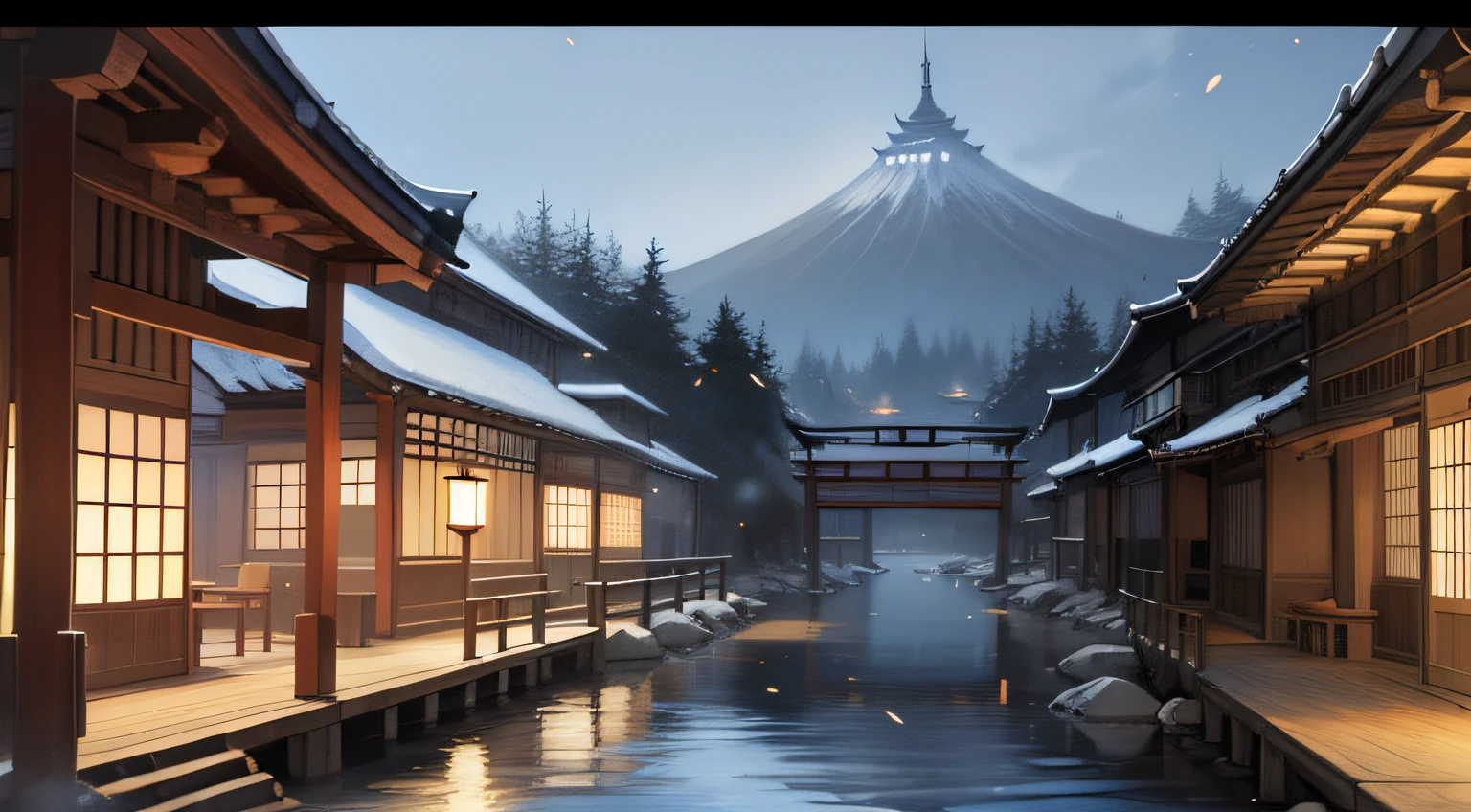 A photo taken from a computer screen in a Japanese village, Beautiful rendering of the Tang Dynasty, traditional japanese concept art, akihiko yoshida. illusory engine, beautiful anime scenes, japanese town, inspired by Kanō Hōgai, Beautiful digital artwork, 8K high quality detailed art, Beautiful wallpaper, Moonlight snow, Anime background art, digital painting of a pagoda