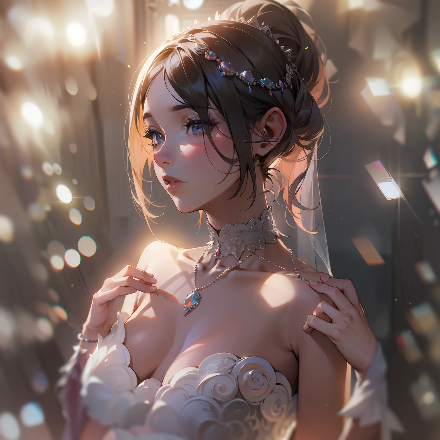 Best Quality, Masterpiece, High Resolution, 1Girl, Wedding Dress, Hair Accessory, Necklace, Jewelry, Beautiful Face, Body, Tyndall Effect, Realism, Dark Studio, Edge Lighting, Two-tone Lighting, (High Detail Skin: 1.2), 8K UHD, DSLR, Soft Light, High Quality, Volumetric Light, Voyeur, Photo, High Resolution, 4K, 8K, Background Blur,