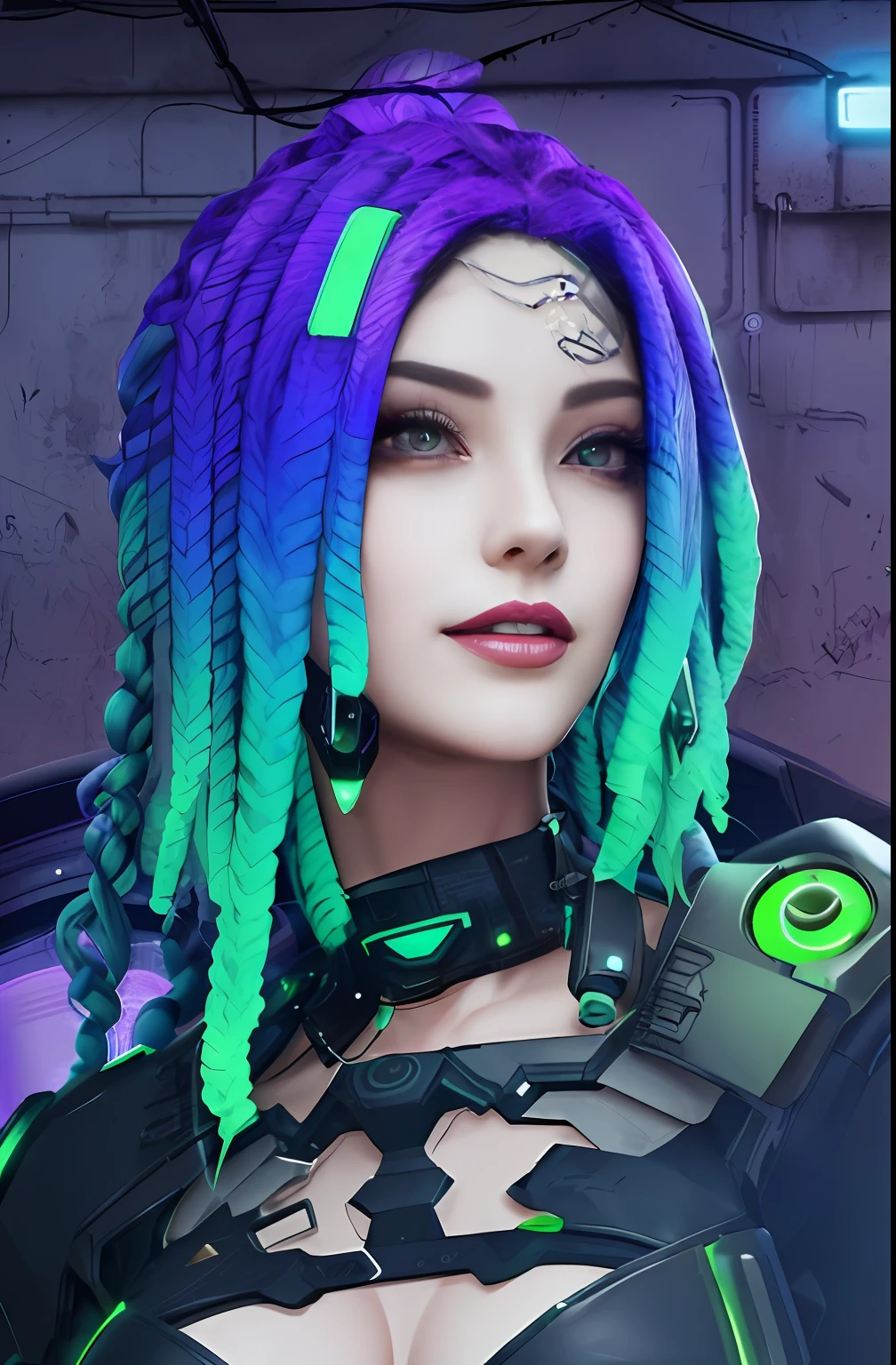 a close up of a woman with purple and green dreads, cyberpunk medusa, dreamy cyberpunk girl, hyper-realistic cyberpunk style, cyber style, cyberpunk style color, cyberpunk vibrant colors, in cyberpunk style, perfect android girl, cyber universe style, cyberpunk angry gorgeous goddess, beautiful cyberpunk woman model, beautiful female android!, cybernetic dreadlocks, bright cyberpunk glow,hair purple green detail,white skin,smile, masterpiece, beautiful face,