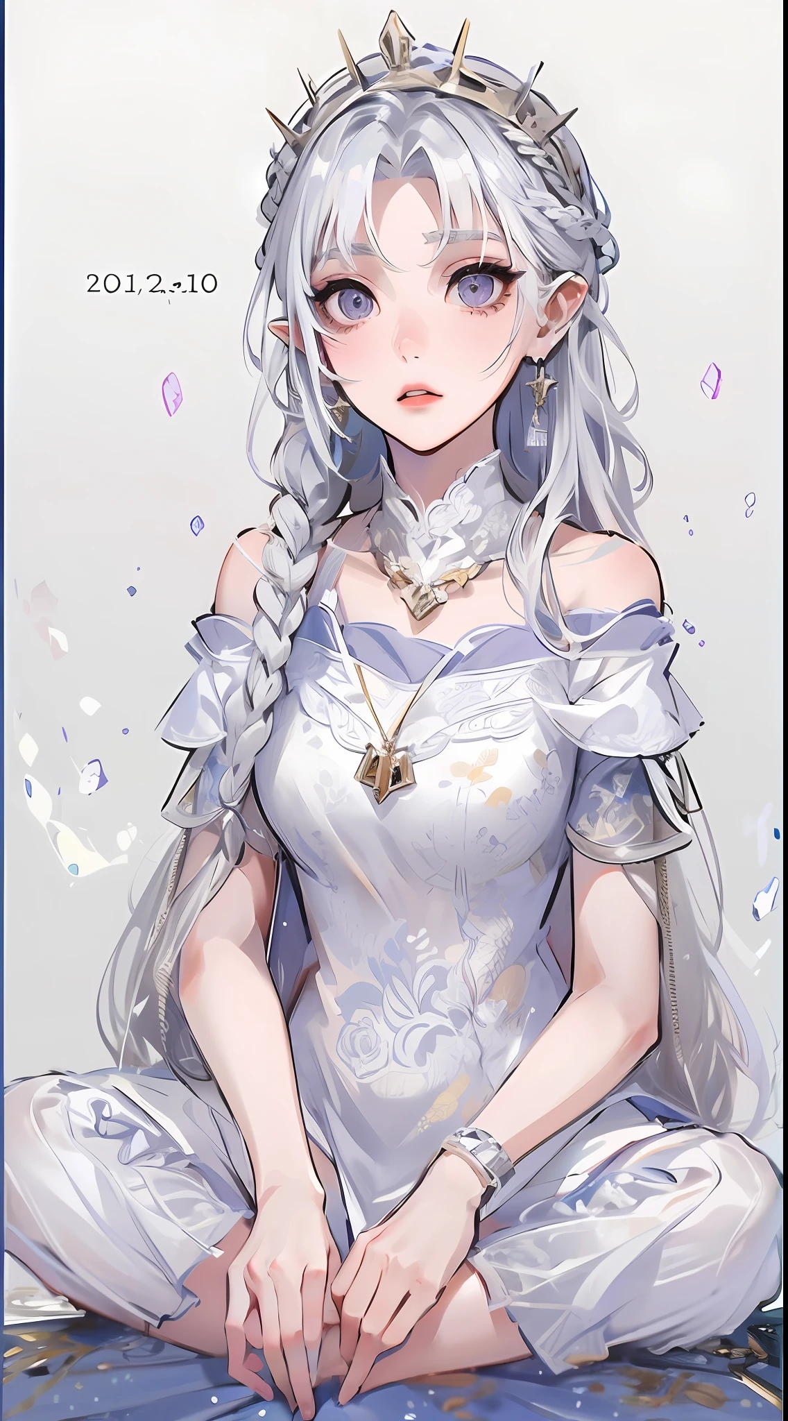 Best quality, highly detailed, masterpiece, ultra detailed, (reality: 1.2), 1 girl, (white background), simple background, delicate eyes, silver hair, purple eyes, hair_ornament, (white off-the-shoulder shirt: 1.3), long hair, pointy_ears, crown_braid, expressionless, straight hair, (++ sitting: 1.2), room,