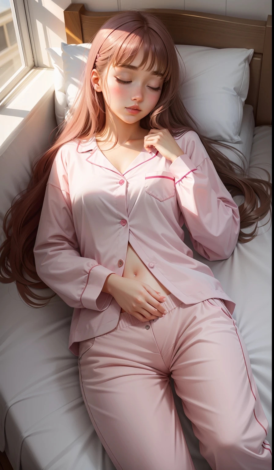 Sleeping girl, 22 years old, realistic, she is wearing long pants, she is wearing pink pajama, brown hair.
