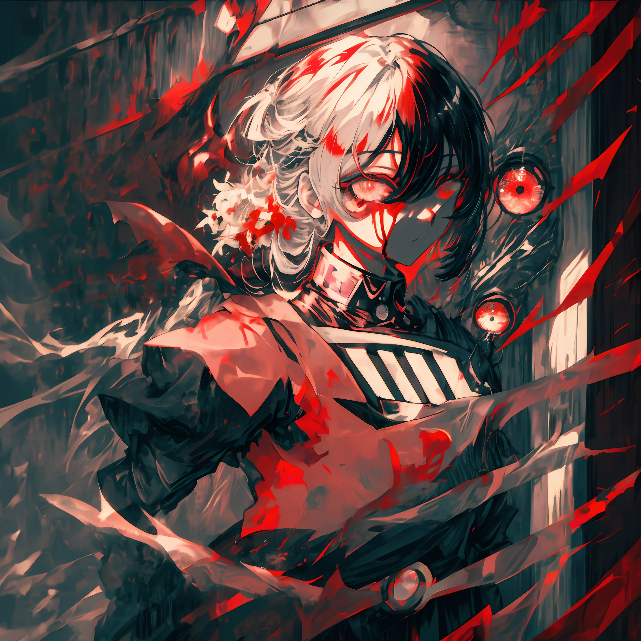 a closeup of a, big eyes, Eyes, compound eyes, Unique pupils, Unusual pupils,kaneki, monochrome, radioactive light, anime2018::1, red::1, neoncolor::1,, detail 1.5, detail face, ultra quality, ultra graphics, bloom 1.0, ghoul, depression, ultra realistic, anime irl,anime boy, dark style, HDR, RTX, body crumbles , detailed face,soft lighting, by makoto shinkai,digital painting,looking into camera", 8K, extra limbs,big dreamy eyes,blurry, smooth soft skin, cloned face, symmetrical,neon liquid flows from the eyes,anime Art,photo, face cracking , Key: red, eye blood, realistic, realistic light, realistic anime, realistic shadows, liquid dripping from wood,depressive, clouds, sakura, spider lily , detailed eyes, eye focus, eye lashes, fluffy bottom eyelashes:1.5, pale face, very red eyes, gloomy atmosphere, scary picture, forest, fog, neon red liquid flows from the trees, dark atmosphere, body crumbles, braids, rain, blood on the ground, fire, close-up eyes,best generation, ultra generation, generation 3000, 2048×2048, face detailing, clothing detailing, symmetrical balance, tokyo ghoul, ghoul, kaneki, anime 2020, water and sky, black hair,detailed hair, Tokyo ghoul, kaneki, ghoul, depressive art, depression, boredom, sadness, cry, pain, black smoke, black energy, tentacles, kagune, blood, blood on the face, sea of blood, chains, barbed wire, fire, wide angle camera, many small details, spider lily, sakura, licorice, scalopendra, black background, hole in the body, dead inside, dead art, lying on the grass, manga style, comic style, multiple frames, the body is destroyed, manga Page, eyes everywhere, many eyes in the background, drawing of Ishida sui, art of Ishida sui, in the style of Ishida sui, two people, in full growth, depressive posture, spider lily flowers grow from the eye and body, poses for art, junji ito art, twins art, anime boy, kaneki manga, kaneki art, reflection in water, reflection on a surface, an eye made of a fl