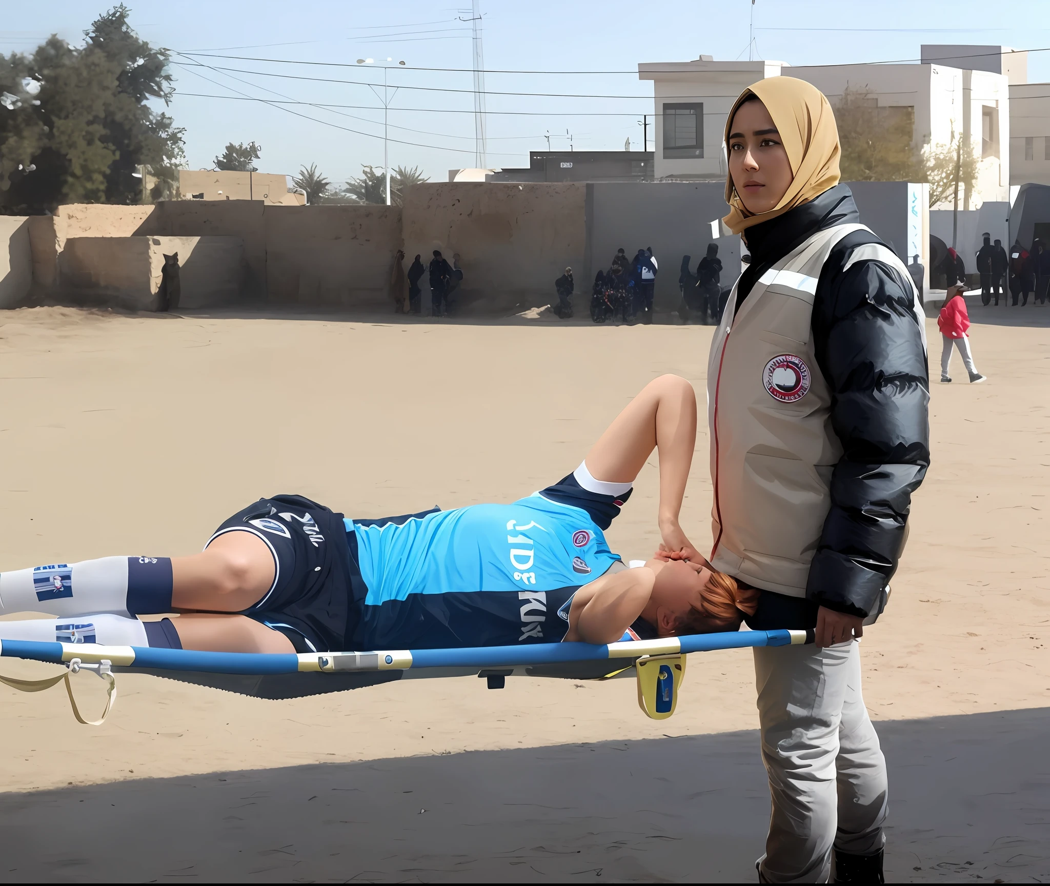 there is a sportsman in white shorts and a white t-shirt lying injured on a stretcher, there is an injured sportsman who is covering his face on a stretcher, an injured sportsman is covering his face with his hands, an injured sportsman is writhing in ecstasy on a stretcher, dramatic pity pose, there is a latino woman in a high-shine puffy coat, a high-shine black down coat, a long black moncler coat, a wetlook down coat, a wet black laquered coat, a latino wife is wearing a wetlook black uniform, injured, medic, laura sava, anna nikonova, very professional, by Dietmar Damerau, alexandra fomina, soccer action pose, affection pose, lecherous action pose, dramatic action pose, theatralic pose, there is an attractive woman that is carrying a skinny man, there is a beautiful woman in a shiny coat who is carrying a blond man in her arms, a longhaired beautiful woman in a high-shine black puffy coat, a longhaired woman in a shiny downcoat, a woman is carrying a shorthaired man who is wearing shorts and a t-shirt, a weak man in spots shorts is consciousless and needs to be carried, a shorthaired man with closed eyes is carried in the arms of a longhaired woman, a woman looks very scared and terrified, a consciousless man with closed eyes is suffering very much and has a very painful face, photo, photo shoot, photographed , accident, help, aid, first aid, pity