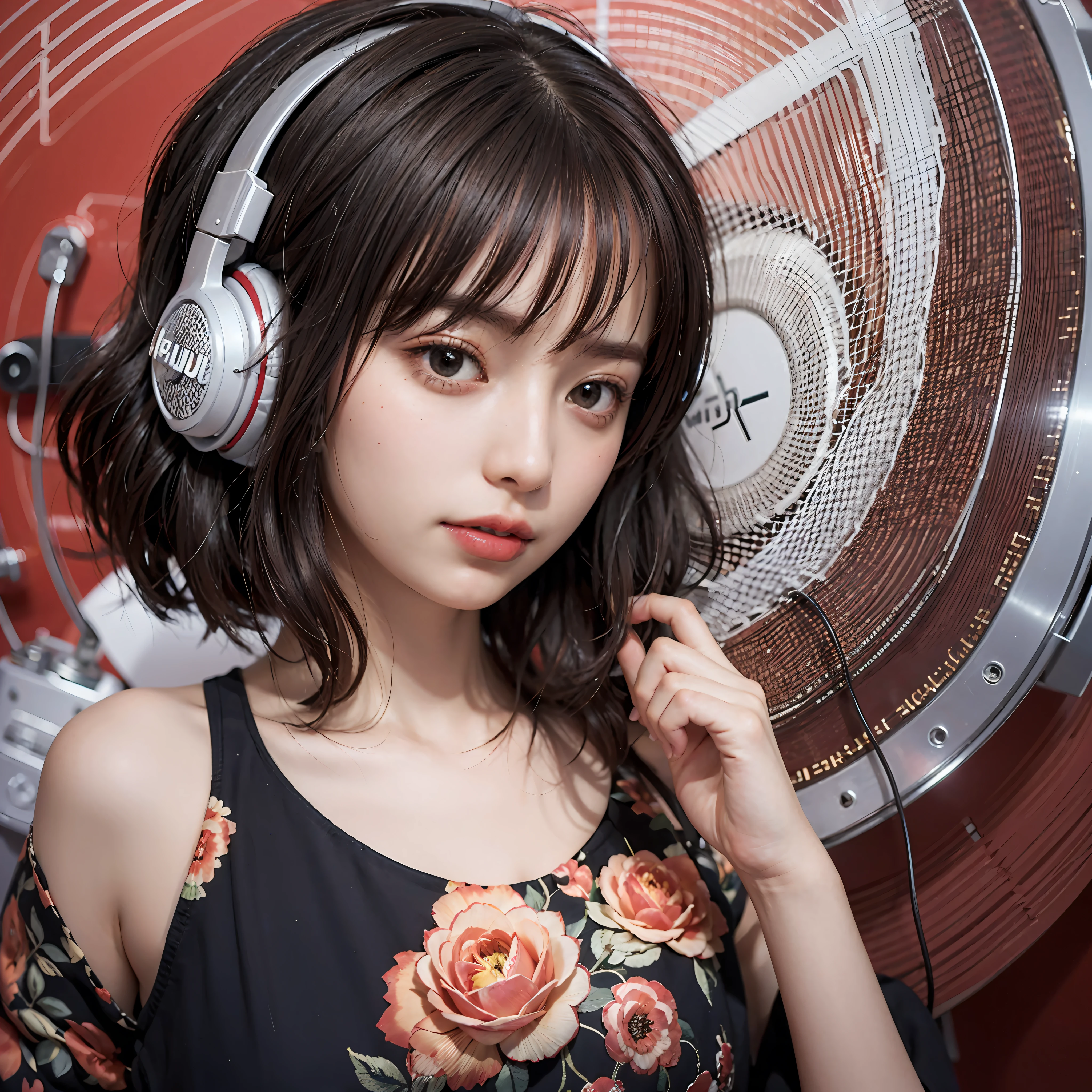 Best Quality, masutepiece, (Photorealistic:2), Ultra High Resolution, Highly detailed, A hyper-realistic, 1girl in, ((Red headphones)), (Longer dress), Floral pattern, colourfull_hair、(((very_Short_hair))), Short hair, Slim body, Full Shot, Looking at Viewer, ((Music Studio)),  Bright atmosphere, spot light, Detailed background