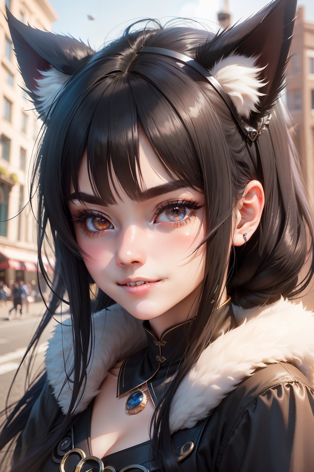 black hair, hair bobbles, wince, longeyelashes, solid circle eyes, fake animal ears, light smile, ear blush, fang, Surrealism, drop shadow, anaglyph, stereogram, tachi-e, pov, atmospheric perspective, 8k, super detail, ccurate, best quality