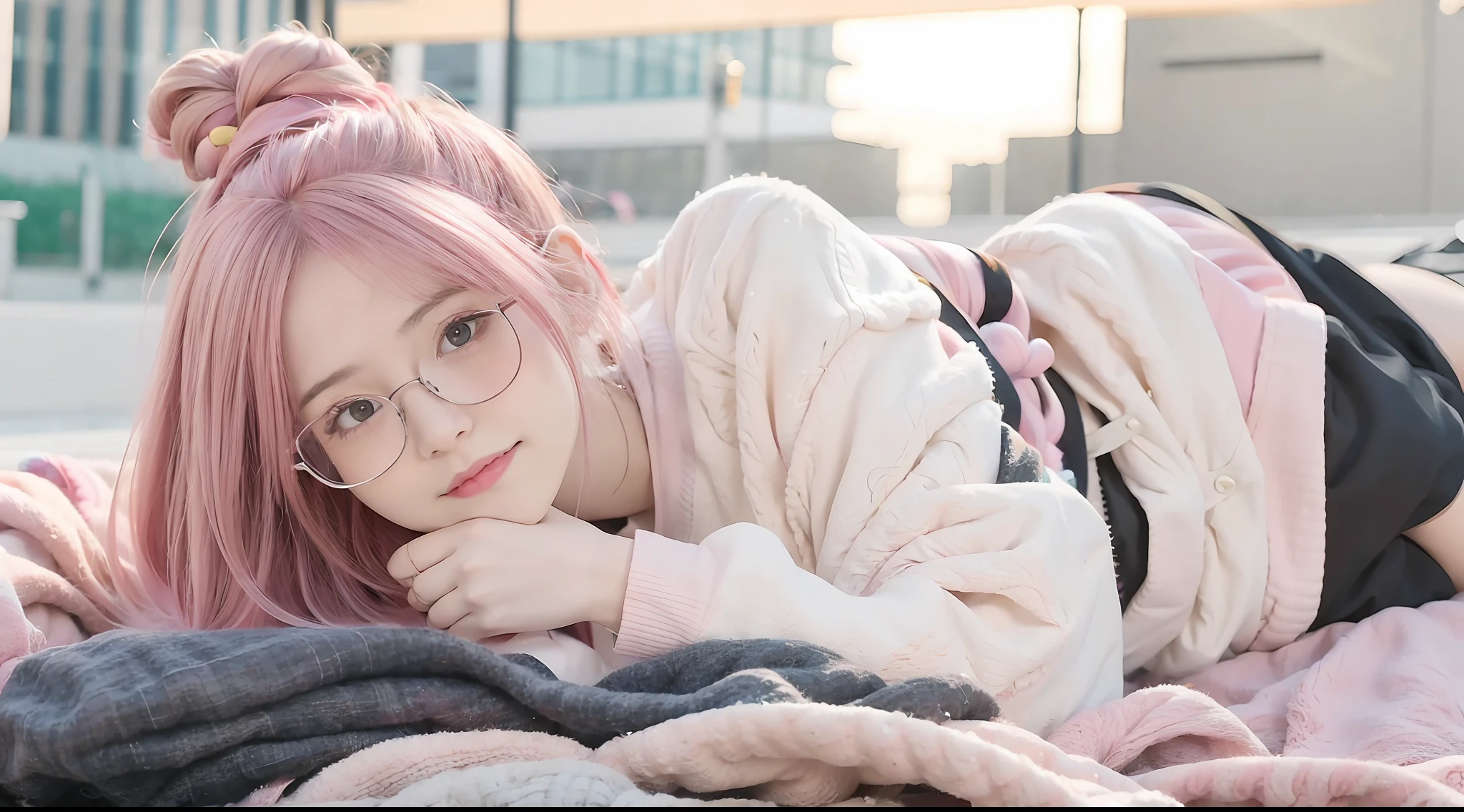 Anime girl with pink hair and glasses, kawaii realistic portrait, oc commission, high quality fanart,commission for high res, Nekomimi, Nyaruko-san, In anime style,kawaii , marin kitagawa fanart, fullbody commission for, Commission on furaffinity, Women in their 20s ,Light pink hair ,streamers, Long layer hairstyles