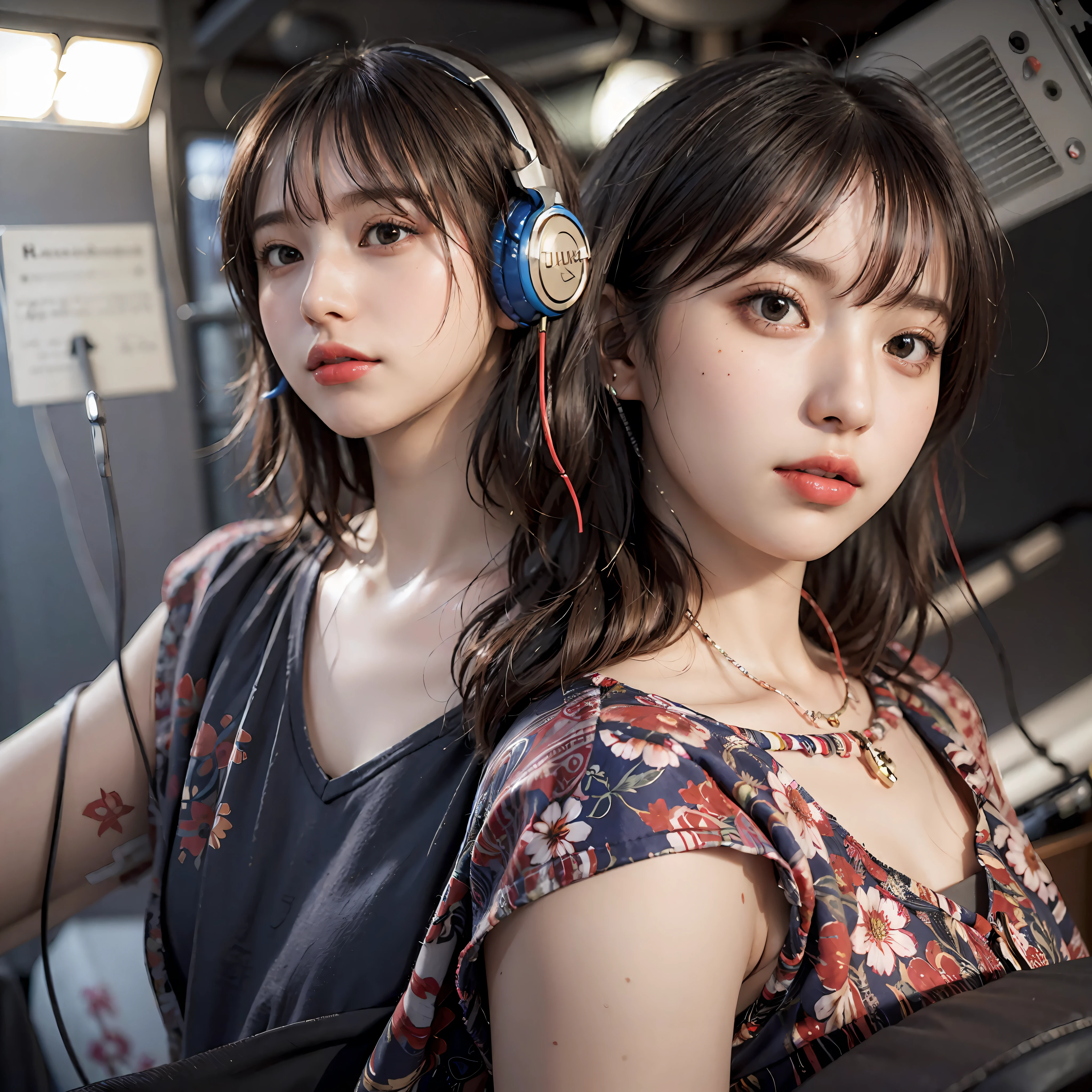 Best Quality, masutepiece, (Photorealistic:2), Ultra High Resolution, Highly detailed, A hyper-realistic, 1girl in, ((Red headphones)), (Longer dress), Floral pattern, colourfull_hair、(((very_Short_hair))), Short hair, Slim body, Full Shot, Looking at Viewer, ((Music Studio)),  Bright atmosphere, spot light, Detailed background