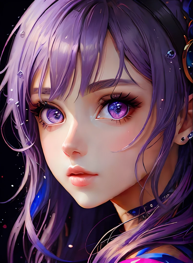((top-quality)), ((masterpiece)), ((realisitic)), (detaileds),anime styled、 (1人の女性)Close up portrait of a woman with purple hair、Beautiful shining eyes, Like crystal clear glass、Casual clothing、4K high-definition digital art、stunning digital illustration、Stunning 8K artwork、colorfull digital fantasy art、Colorful and bright、beautiful digital works of art、Colorful Digital Painting、digital anime art、Portrait of beautiful woman、8K HD Digital Wallpaper Art、 Gorgeous Digital Painting