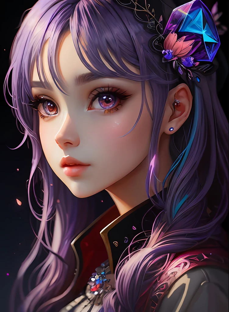 ((top-quality)), ((​masterpiece)), ((realisitic)), (detaileds),anime styled、 (1人の女性)Close up portrait of a woman with purple hair、Beautiful shining eyes, Like crystal clear glass、Casual clothing、4K high-definition digital art、stunning digital illustration、Stunning 8K artwork、colorfull digital fantasy art、Colorful and bright、beautiful digital works of art、Colorful Digital Painting、digital anime art、Portrait of beautiful woman、8K HD Digital Wallpaper Art、 Gorgeous Digital Painting
