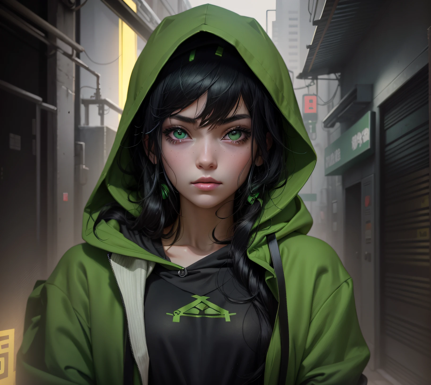 Anime girl in green hoodie，cyberpunk anime girl in hoodie,  black haired girl wearing hoodie, realistic anime artstyle, anime styled digital art, anime realism style