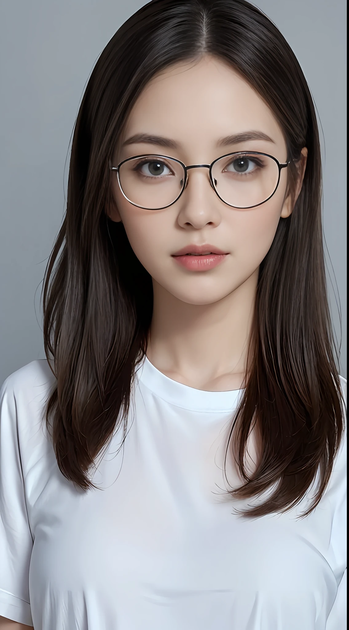 ((Best Quality, 8k, Masterpiece: 1.3)), Upper Body, (Frontal), Focus Clear: 1.2, Outstanding Beauty: 1.4, ((Big: 1.2)), Bob Hair, Straight Hair, Highly Detailed Face and Skin Texture, Detailed Eyes, Double Eyelids, (((Solo)), ((Solo)), T-shirt, Glasses