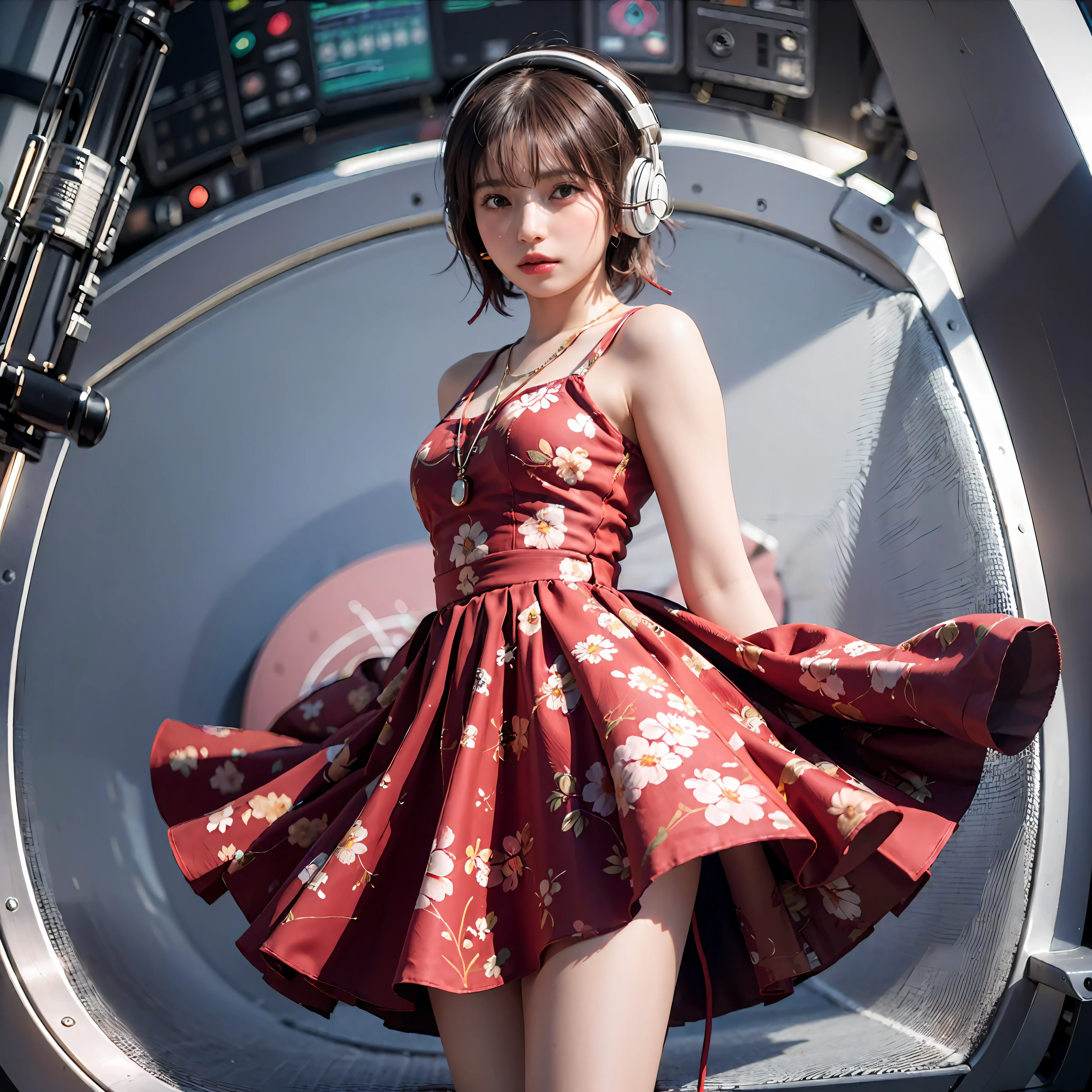 Best Quality, masutepiece, (Photorealistic:2), Ultra High Resolution, Highly detailed, A hyper-realistic, 1girl in, ((Red headphones)), (Longer dress), Floral pattern, colourfull_hair、(((very_Short_hair))), Short hair, Slim body, Full Shot, Looking at Viewer, ((Music Studio)),  Bright atmosphere, spot light, Detailed background