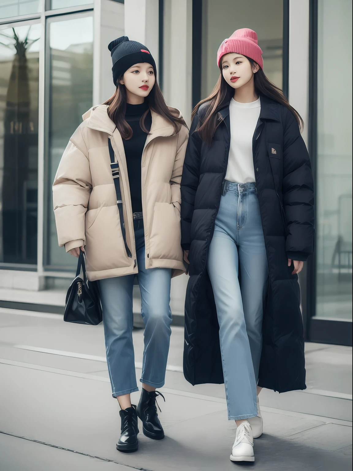 magazine cover, loose-fitting puffer jacket, jeans, ankle boots, crossbody bag, beanie