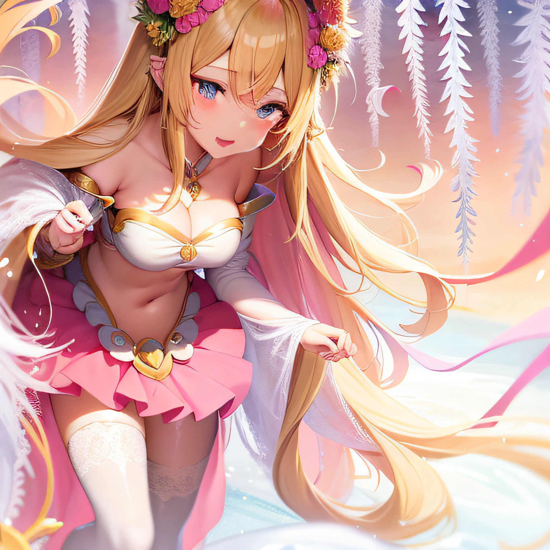 Anime girl with long blonde hair and pink dress, Blonde anime girl with long hair, Beautiful anime girl, Anime goddess, pretty anime girl, beautiful fantasy anime, Splash art anime , Anime princess, cute anime waifu in a nice dress, beautiful anime art style, blond-haired princess,Crop topping,Bigboobs,Lori huge breasts cleavage,cleavage,Side breasts,big breasts exposed cleavage,Superskirt,underdressing