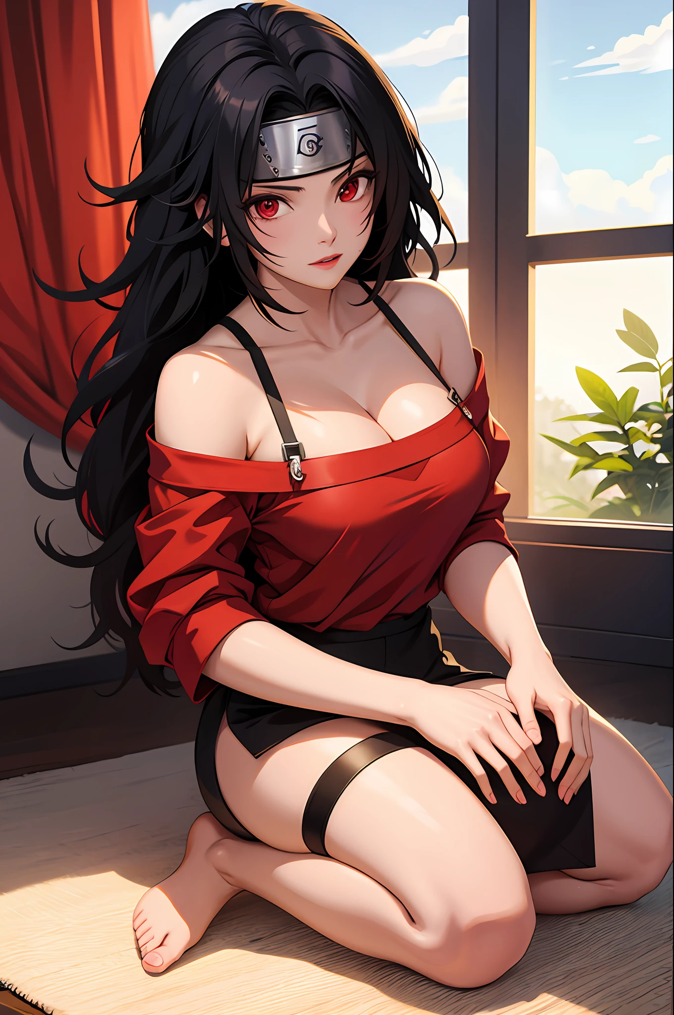 nar_kurenai_yuhi,Forehead protection,bandagens,full bodyesbian,red eyes,wariza,Off-the-shoulder attire,cleavage,little breast