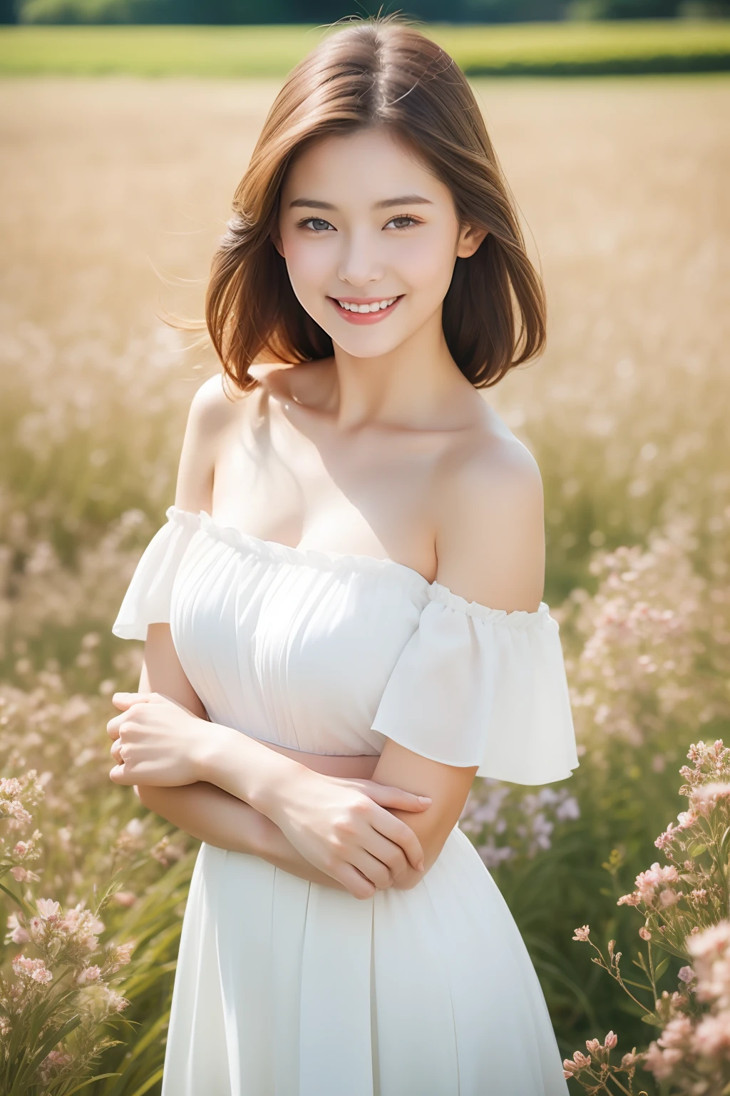 Best quality, masterpiece, ultra high res, (photorealistic:1.4), raw photo, 1girl, white dress, off shoulder, blossom flower field, glowing skin, light smile