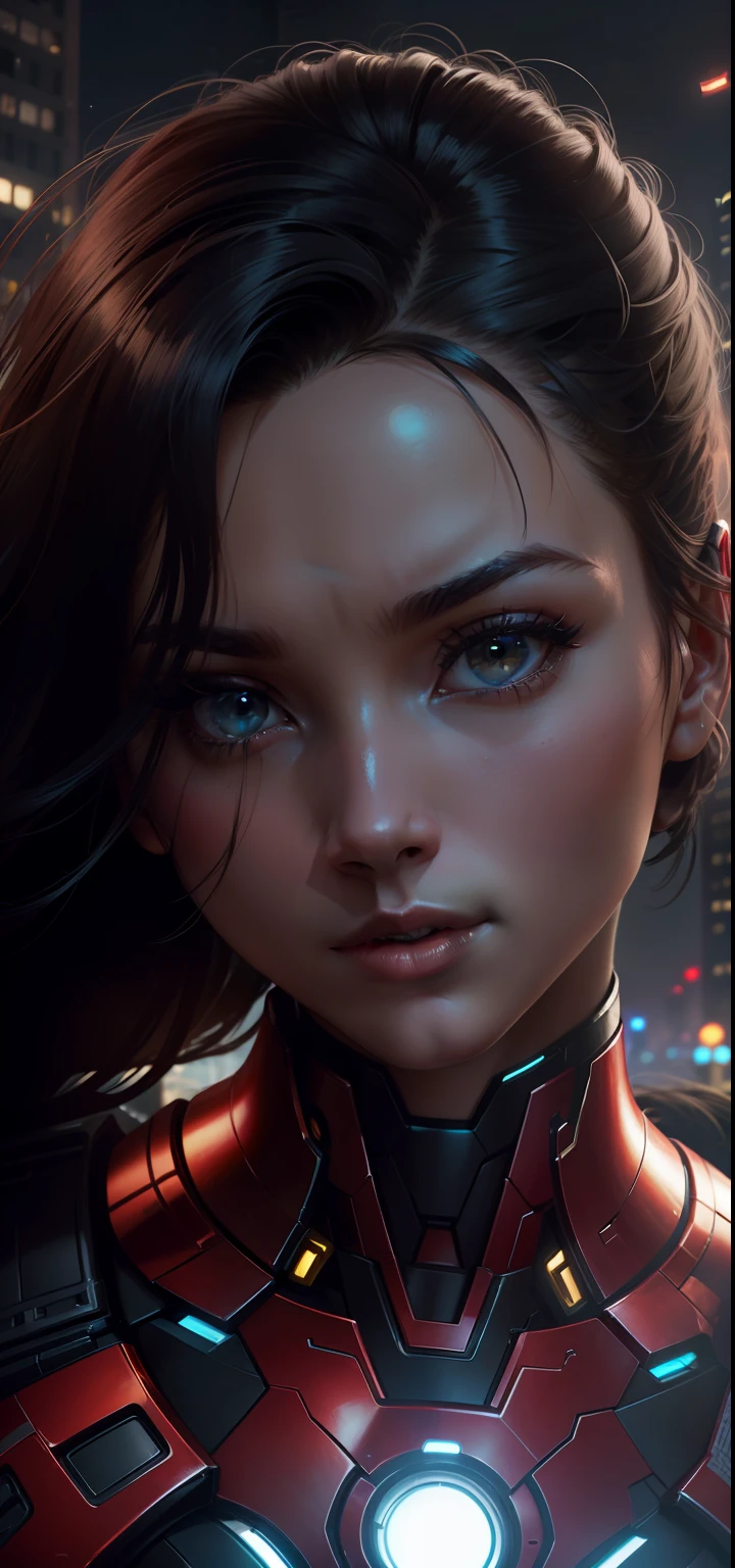 8k, realistic, attractive, highly detailed, a 20 year old girl a sexy and attractive woman inspired by Iron Man wearing a shiny Iron Man mech. She dresses with sexiness and confidence, perfectly interpreting Iron Man's strength and charisma. In a cyberpunk-style city night scene, a sexy and attractive woman takes Iron Man's cosplay as the theme. Wearing a shiny Iron Man mech, she stands on a street lined with tall buildings. The night lights of the city are bright, reflecting on her mecha, adding a sense of future technology. The surrounding buildings and streets are full of cyberpunk elements, such as neon lights, high-tech devices and futuristic architectural designs. The whole scene is full of futuristic and sci-fi atmosphere. This high-definition, high-quality picture will bring you stunning visual enjoyment, a perfect combination of sexy, futuristic and sci-fi elements. oc rendering, dramatic lighting, award winning quality