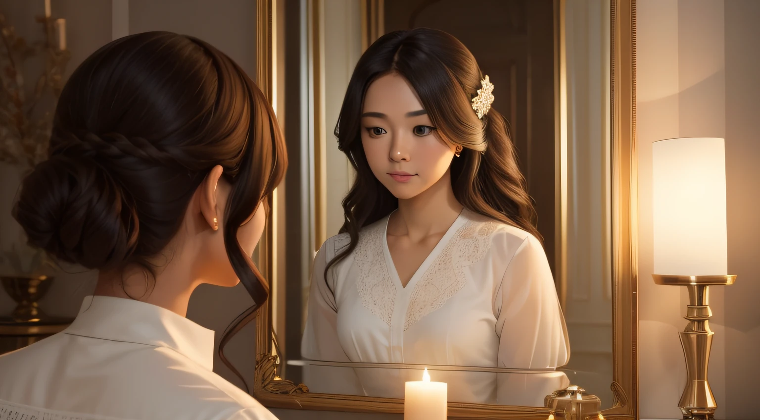 Captivating 16:9 visual moment that symbolizes the power of self-reflection, a person looking themselves in a mirror to evoke emotions and thoughts and realization, the central element of the visual should be a clear and well-positioned mirror, setting -- a peaceful and well lit room, lightening--soft and diffused, 3d, cartoon, Disney style, 4k,