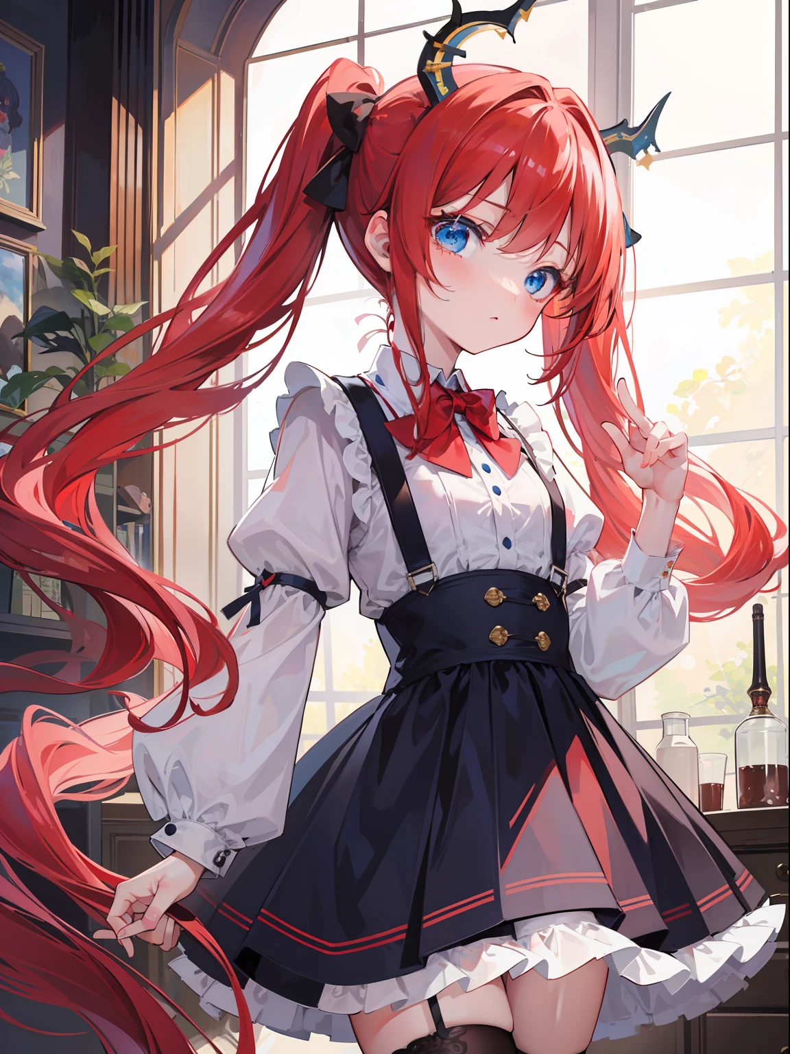 {{best quality}}, {{masterpiece}}, {{ultra-detailed}}, {illustration}, {detailed light}, red hair,blue eyes,twintails,lolita,Suspenders skirt,Fantastic,loli,solo,Dragon horns,little girl,long hair