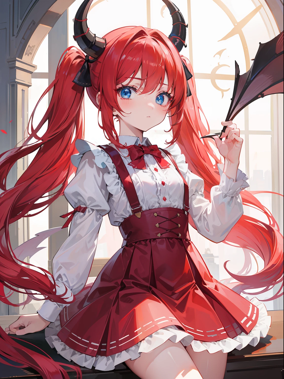 {{best quality}}, {{masterpiece}}, {{ultra-detailed}}, {illustration}, {detailed light}, red hair,blue eyes,twintails,lolita,Suspenders skirt,Fantastic,loli,solo,Dragon horns, girl,long hair