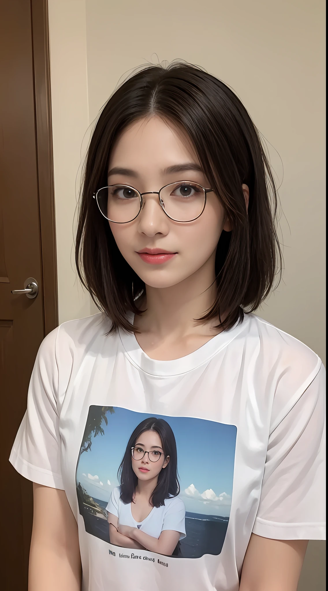 ((Best Quality, 8k, Masterpiece: 1.3)), Upper Body, Front, Focus Clear: 1.2, Outstanding Beauty: 1.4, A Little Chubby, ((Big: 1.2)), Bob Hair, Straight Hair, Highly Detailed Face and Skin Texture, Detailed Eyes, Double Eyelids, One Beautiful Woman, Solo, T-Shirt, Glasses