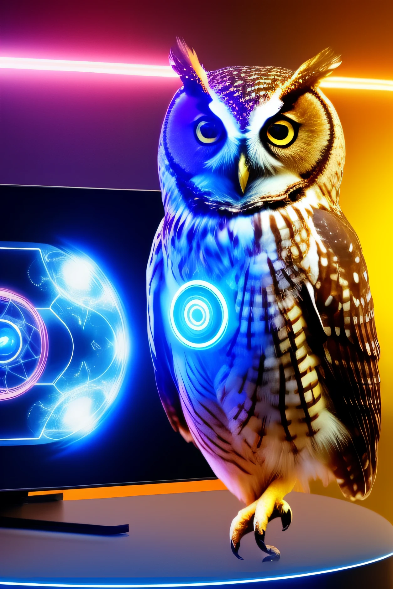 "Imagine an image of a humanoid owl dressed in teacher's clothes(a). She's wearing glasses and is standing in front of a large monitor, segurando uma caneta laser apresentador de slide. The owl has a cheerful and wise expression on its face, Transmitting relaxation and knowledge. The monitor is filled with a futuristic technological theme, Demonstrating that the owl is a teacher of technology. Ao redor da coruja, there are holograms of a robot, mostrando seu compromisso com o ensino. A imagem transmite a ideia de uma coruja professora especializada em ensinar tecnologia de forma interessante e envolvente.”