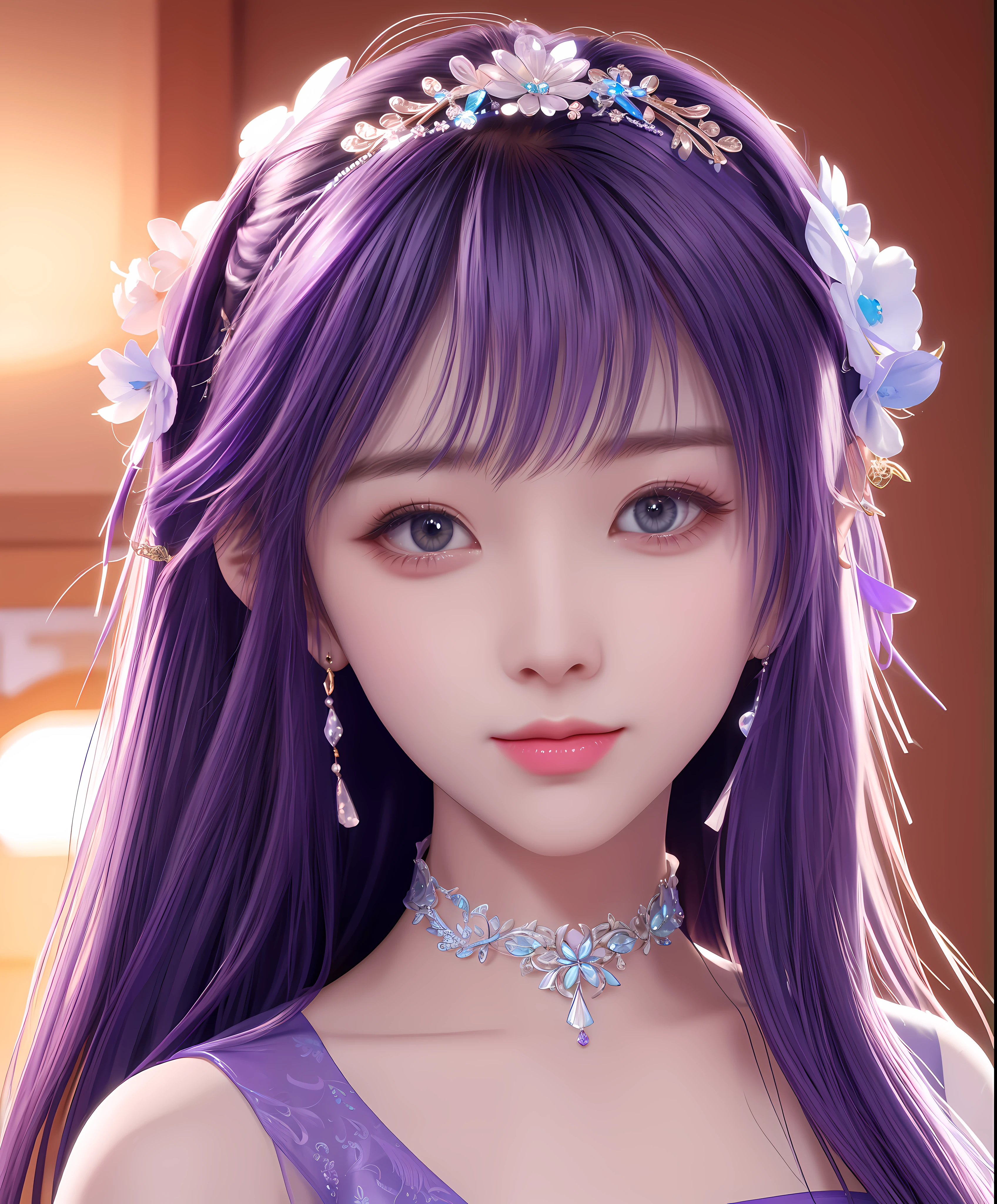 Best quality、tmasterpiece、A high resolution、1girl、Porcelain dress、hair adornments、choker necklace、jewely、pretty face、Physically、Tyndall effect、realisticlying、Shadow Studio、edge lit、bicolor lighting、(highdetailskin:1.2)、8k UHD、dslr、softlighting、high high quality、volumettic light、sneak shot、photore、A high resolution、4k、8k、The background is blurred out,purple dress