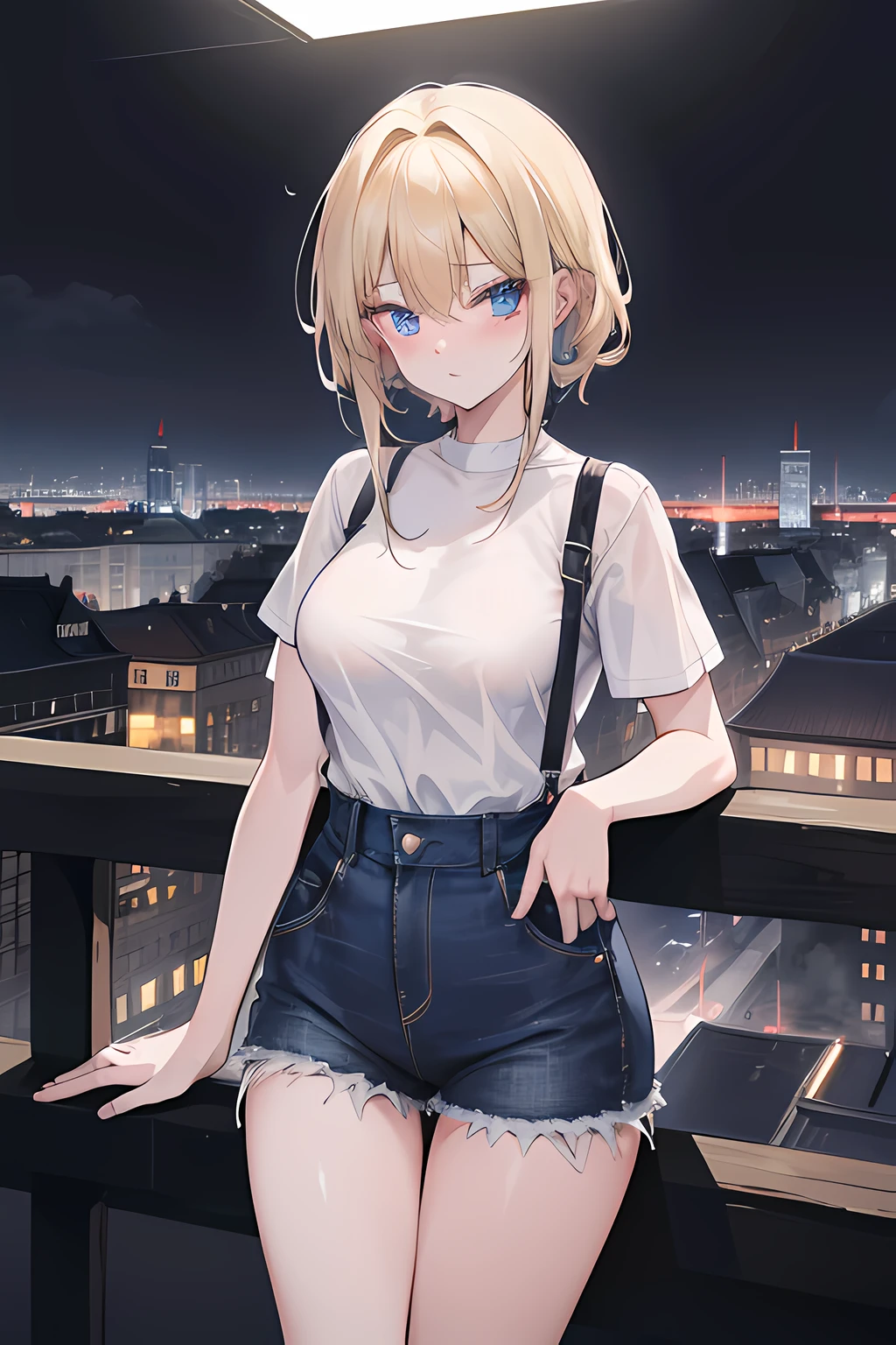 Kizi,kurze Blondine/schwarzes Haar,Denim Schorts, Plain white shirt, blaue Augen, asiatische Stadt bei nacht, absurdres, hight resolution, 8K, ultrascharf, Meisterwerk, Blick auf den Betrachter