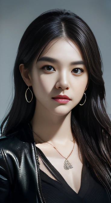 Works of masters，Best image quality，high detal，超高分辨率，solid color backdrop，HDR,  Aesthetic 1girl, solo, long_hair, looking_at_viewer, _brown_hair, simple_background, _black_hair, jewelry, earrings, necklace, lips, black_shirt, ring, realistic Negative tip: Use negative TI embedding as well as (low resolution, worst quality)  A high resolution， the detail， RAW photogr， Sharp Re， Nikon D850 Film Stock Photo by Jefferies Lee 4 Kodak Portra 400 Camera F1.6 shots, Rich colors, ultra-realistic vivid textures, Dramatic lighting, Unreal Engine Art Station Trend, cinestir 800，