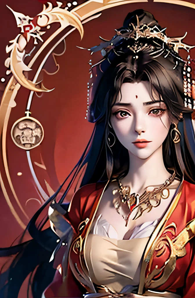 （tmasterpiece，top Quority，best qualtiy，offcial art，Beautiful and aesthetic：1.2），（1girll），Extremely detailed，Colorful，highestdetailed，offcial art，统一 8k 壁纸，ultra - detailed，Beautiful and aesthetic，big breasts beautiful，tmasterpiece，best qualtiy, long whitr hair，（a color），Ancient Chinese clothes，Western Regions clothing，gossamer，gold chains，red color Hanfu，Phnom Penh embroidery, (zentangle, mandalas, Tangled, entangle) , Yuechan_Wedding_lothes,