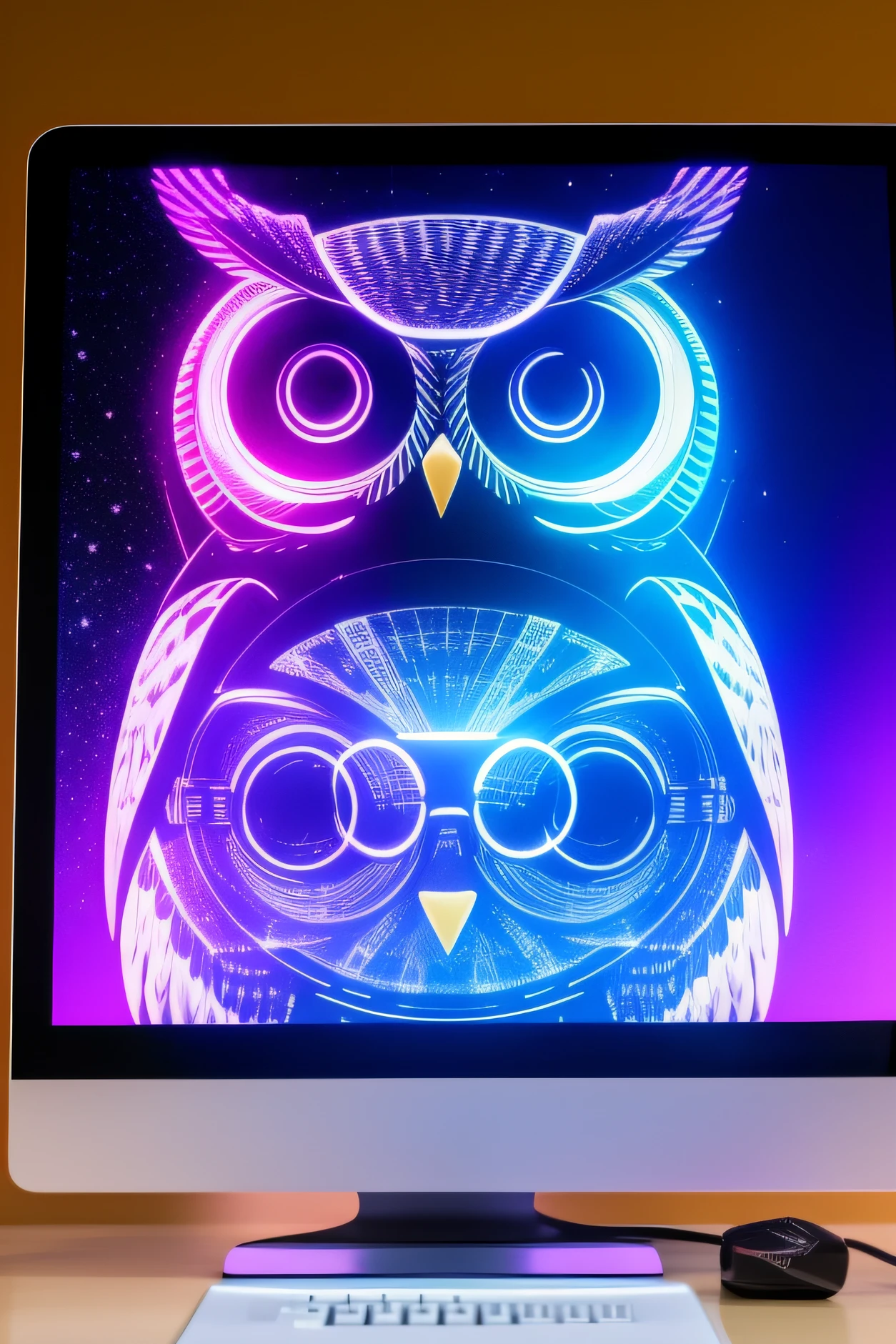 "Imagine an image of a humanoid owl dressed in teacher's clothes(a). She's wearing glasses and is standing in front of a large monitor, segurando uma caneta laser apresentador de slide. The owl has a cheerful and wise expression on its face, Transmitting relaxation and knowledge. The monitor is filled with a futuristic technological theme, Demonstrating that the owl is a teacher of technology. Ao redor da coruja, there are holograms of a robot, mostrando seu compromisso com o ensino. A imagem transmite a ideia de uma coruja professora especializada em ensinar tecnologia de forma interessante e envolvente.”