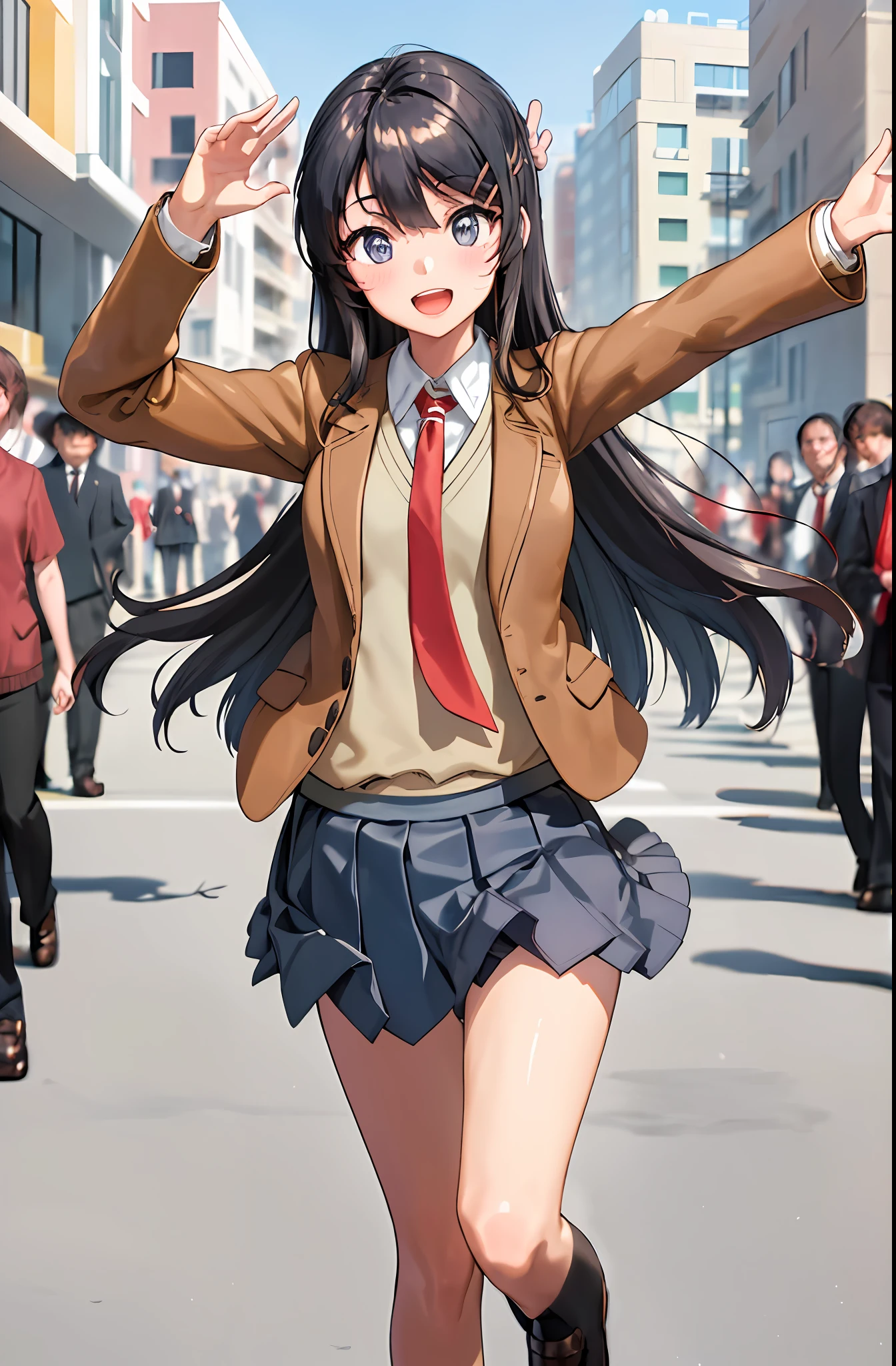 (masterpiece,best quality, detailed), 1girl, solo focus, outdoors, street, ((crowd)), day, smile, open mouth, waving, arm up,
sakurajima mai, brown jacket, red necktie, white shirt, blue skirt, sweater vest, hairclip, loafers