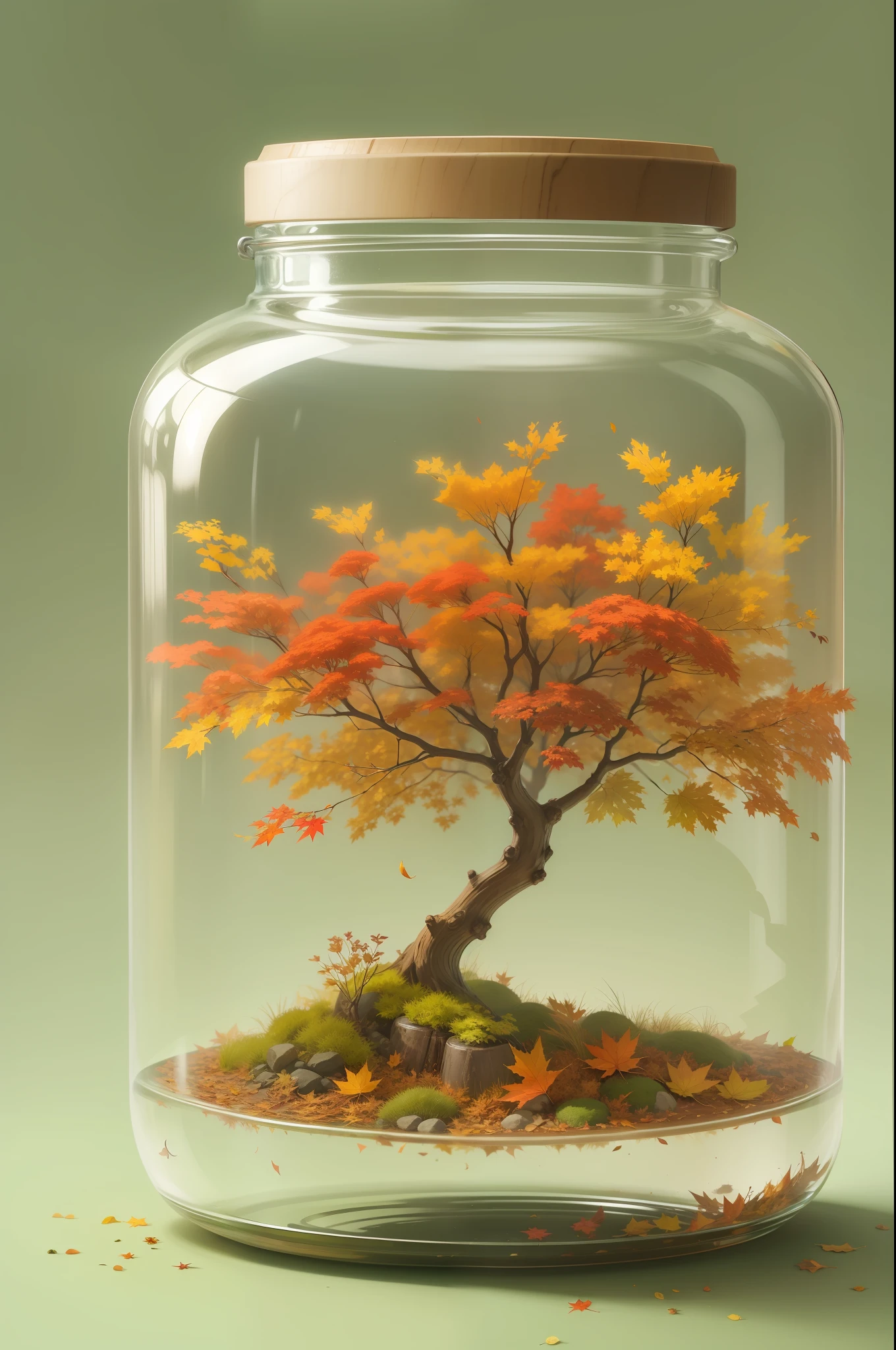 (Autumn foliage tree in a glass jar:1.0)、without background、