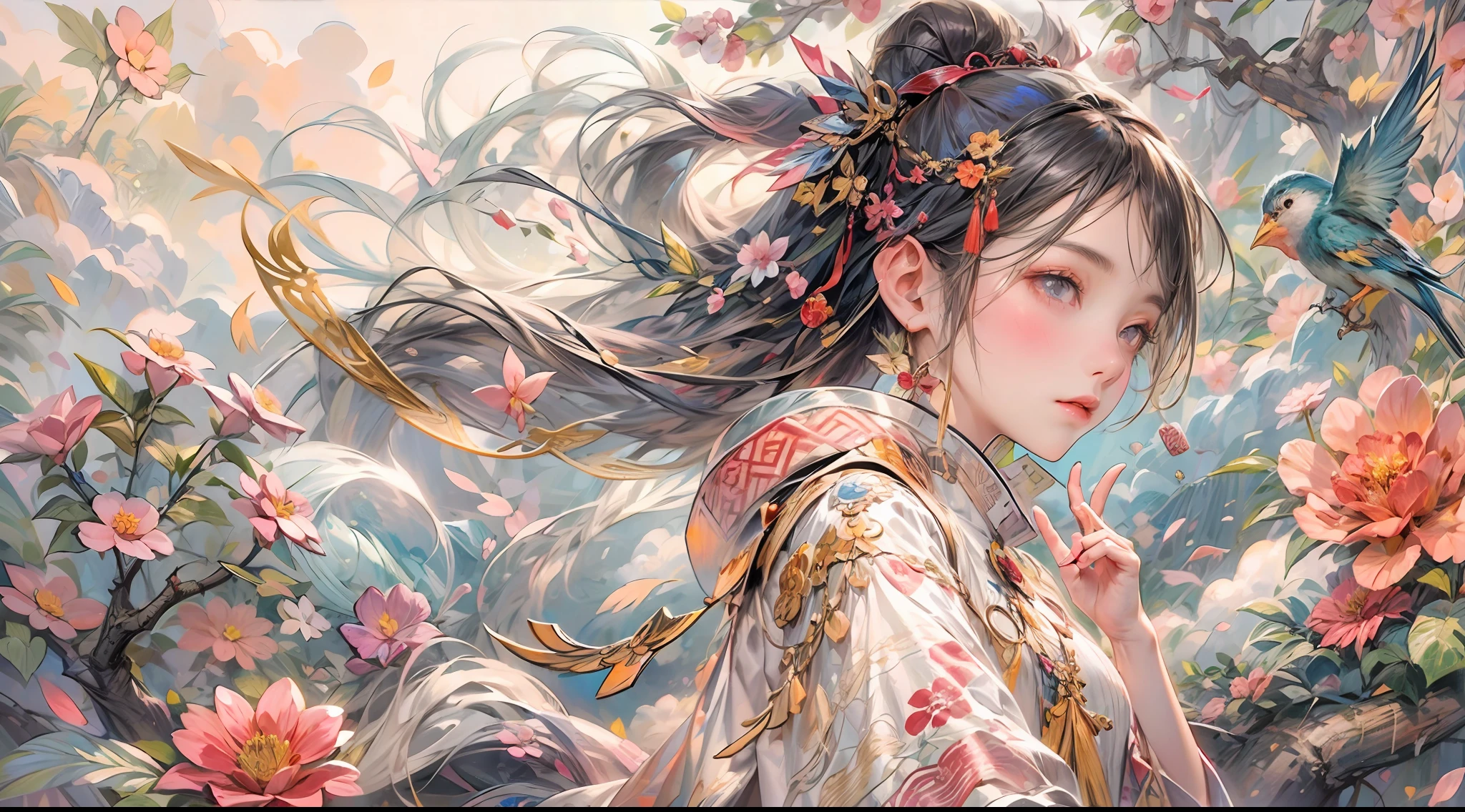 a mural of chinese girl,beautiful eyes,dance,full body,Chinese mythology,flower,auspicious clouds,tree,bird,off-color,lococo,(high quality,extremely detailed,8k:1.5)