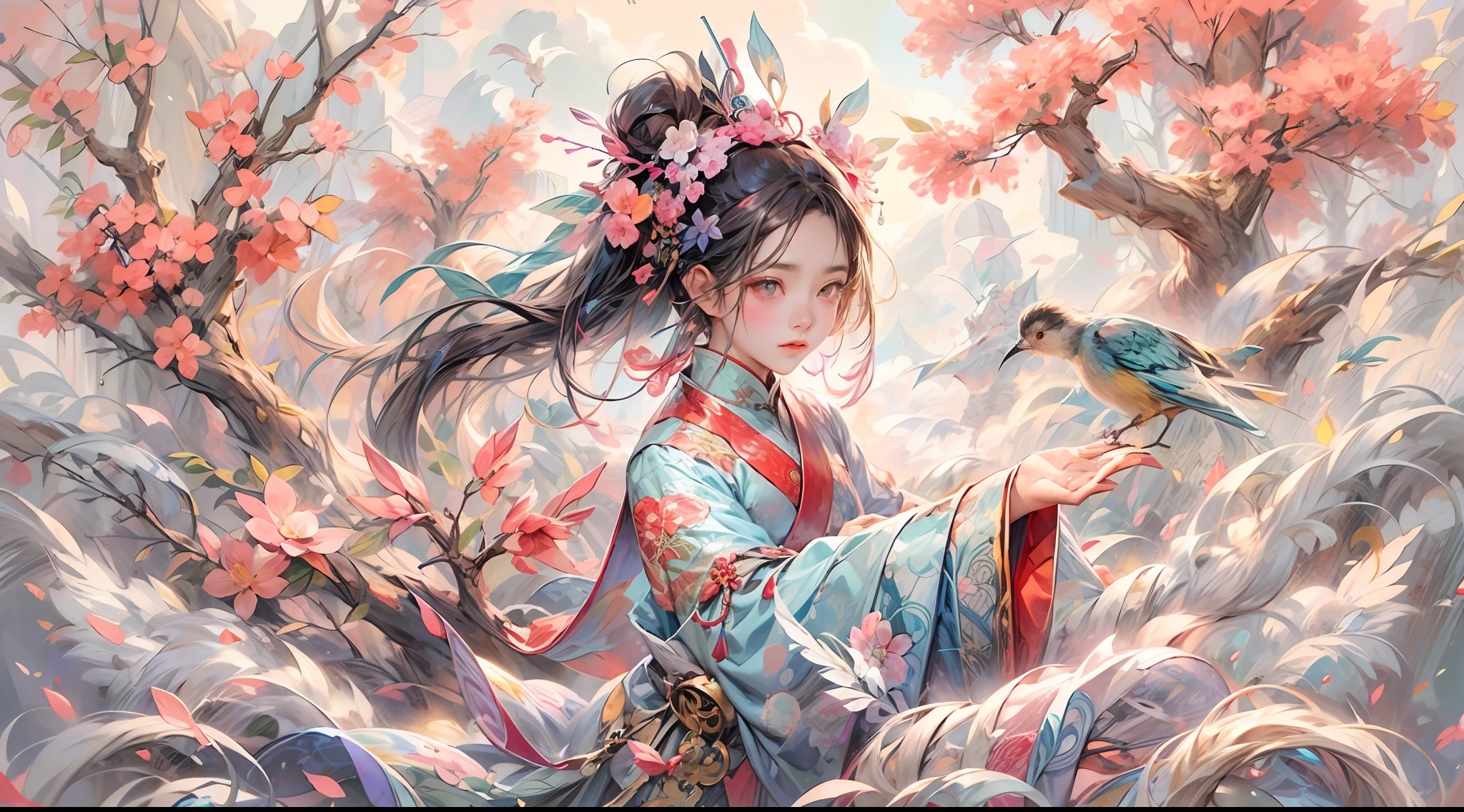 a mural of chinese girl,beautiful eyes,dance,full body,Chinese mythology,flower,auspicious clouds,tree,bird,off-color,lococo,(high quality,extremely detailed,8k:1.5)