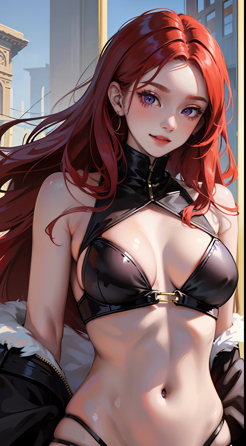 young girl, suntanned skin, Long red hair, violet eyes, open torso, Assassin's Clothes, Smile, Masterpiece, hiquality