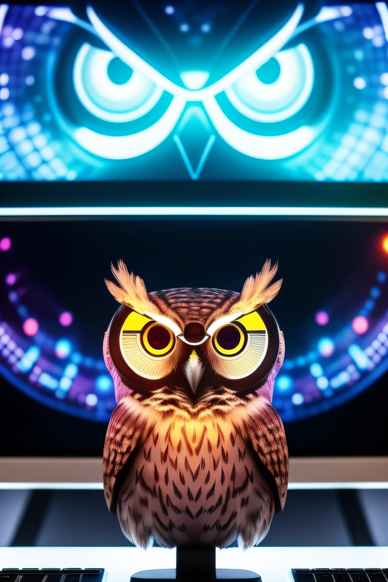 "Imagine an image of a humanoid owl dressed in teacher's clothes(a). She's wearing glasses and is standing in front of a large monitor, segurando uma caneta laser apresentador de slide. The owl has a cheerful and wise expression on its face, Transmitting relaxation and knowledge. The monitor is filled with a futuristic technological theme, Demonstrating that the owl is a teacher of technology. Ao redor da coruja, there are holograms of a robot, mostrando seu compromisso com o ensino. A imagem transmite a ideia de uma coruja professora especializada em ensinar tecnologia de forma interessante e envolvente.”
