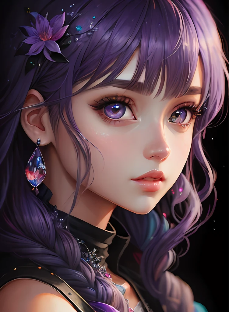 ((top-quality)), ((​masterpiece)), ((realisitic)), (detaileds),anime styled、 (1人の女性)Close up portrait of a woman with purple hair、Beautiful shining eyes, Like crystal clear glass、Casual clothing、4K high-definition digital art、stunning digital illustration、Stunning 8K artwork、colorfull digital fantasy art、Colorful and bright、beautiful digital works of art、Colorful Digital Painting、digital anime art、Portrait of beautiful woman、8K HD Digital Wallpaper Art、 Gorgeous Digital Painting