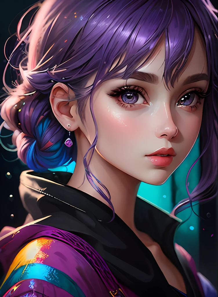 ((top-quality)), ((​masterpiece)), ((realisitic)), (detaileds),anime styled、 (1人の女性)Close up portrait of a woman with purple hair、Beautiful shining eyes, Like crystal clear glass、Casual clothing、4K high-definition digital art、stunning digital illustration、Stunning 8K artwork、colorfull digital fantasy art、Colorful and bright、beautiful digital works of art、Colorful Digital Painting、digital anime art、Portrait of beautiful woman、8K HD Digital Wallpaper Art、 Gorgeous Digital Painting