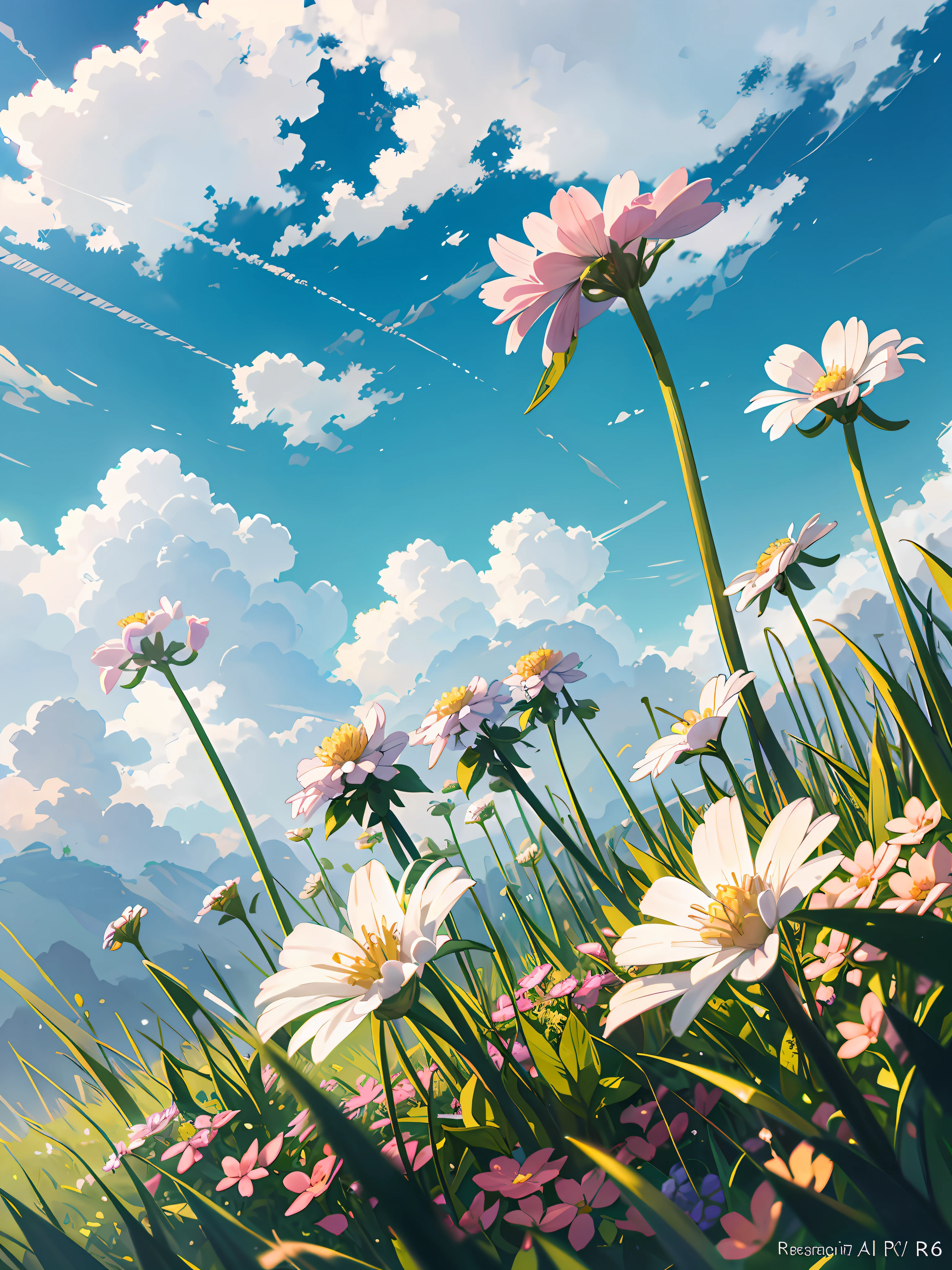 Summer Wallpaper, Grass, Few Flowers, Big Clouds, Blue Sky, Hot Weather, HD Detail, Moist Watermark, Ultra Detail, Film, Hyper Realism, Soft Light, Deep Focus Bokeh, Ray Tracing, and Hyper Realism. --v6