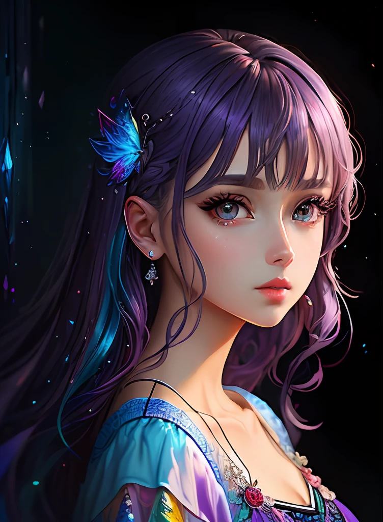 ((top-quality)), ((​masterpiece)), ((realisitic)), (detaileds),anime styled、 (1人の女性)Close up portrait of a woman with purple hair、Beautiful shining eyes, Like crystal clear glass、Casual clothing、4K high-definition digital art、stunning digital illustration、Stunning 8K artwork、colorfull digital fantasy art、Colorful and bright、beautiful digital works of art、Colorful Digital Painting、digital anime art、Portrait of beautiful woman、8K HD Digital Wallpaper Art、 Gorgeous Digital Painting