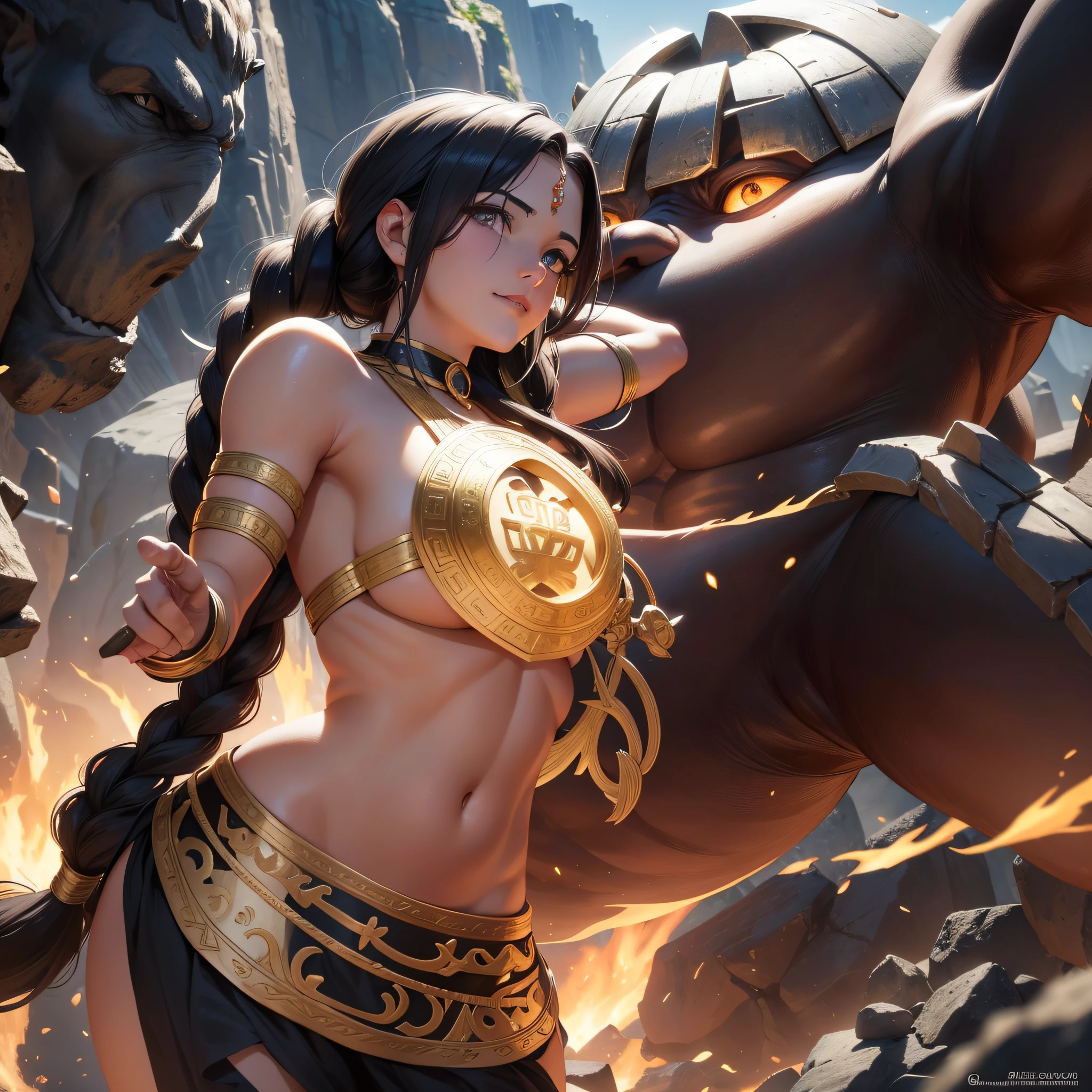 braided ponytails, forehead gem, Mismatched pupils, covering ears, Seductive smile, Cinematic lighting, From Side, nffsw, Textured skin, Super Detail, Top Quality Slender Female Gravure Idol Greek Mythological Lore Huge One Eye Giant Muscular Bone々Living in the mountains、The physique of a very powerful innocent character who caves gods々Blacksmith of the confrontation with Odysseus against Hercules Symbol of immense power