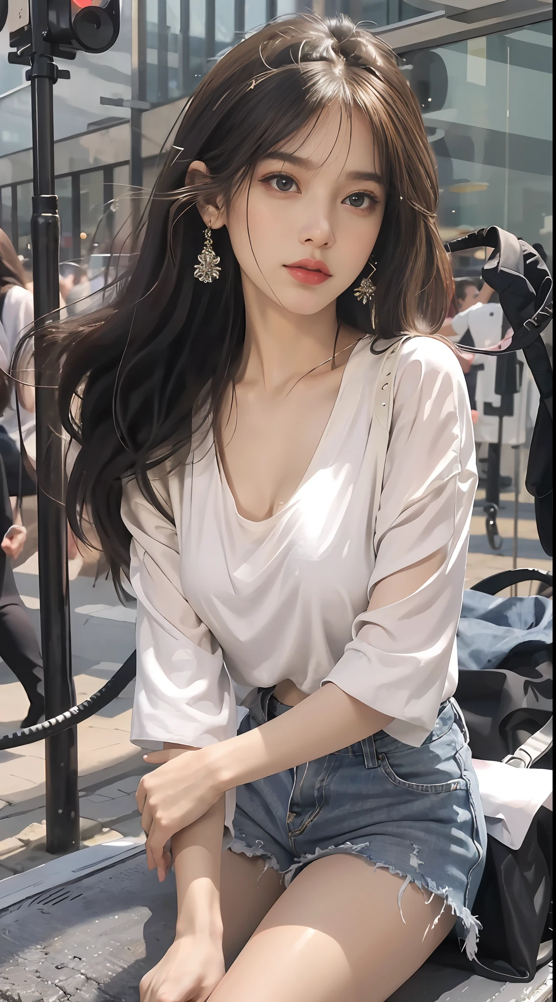 Best quality, masterpiece, super high resolution, (realistic: 1.4), original photo, (evening street), 1 girl, black eyes, looking at the audience, long hair, light makeup, lips, small ears, white t-shirt, denim shorts, earrings, sitting Ferrari, big breasts, slim