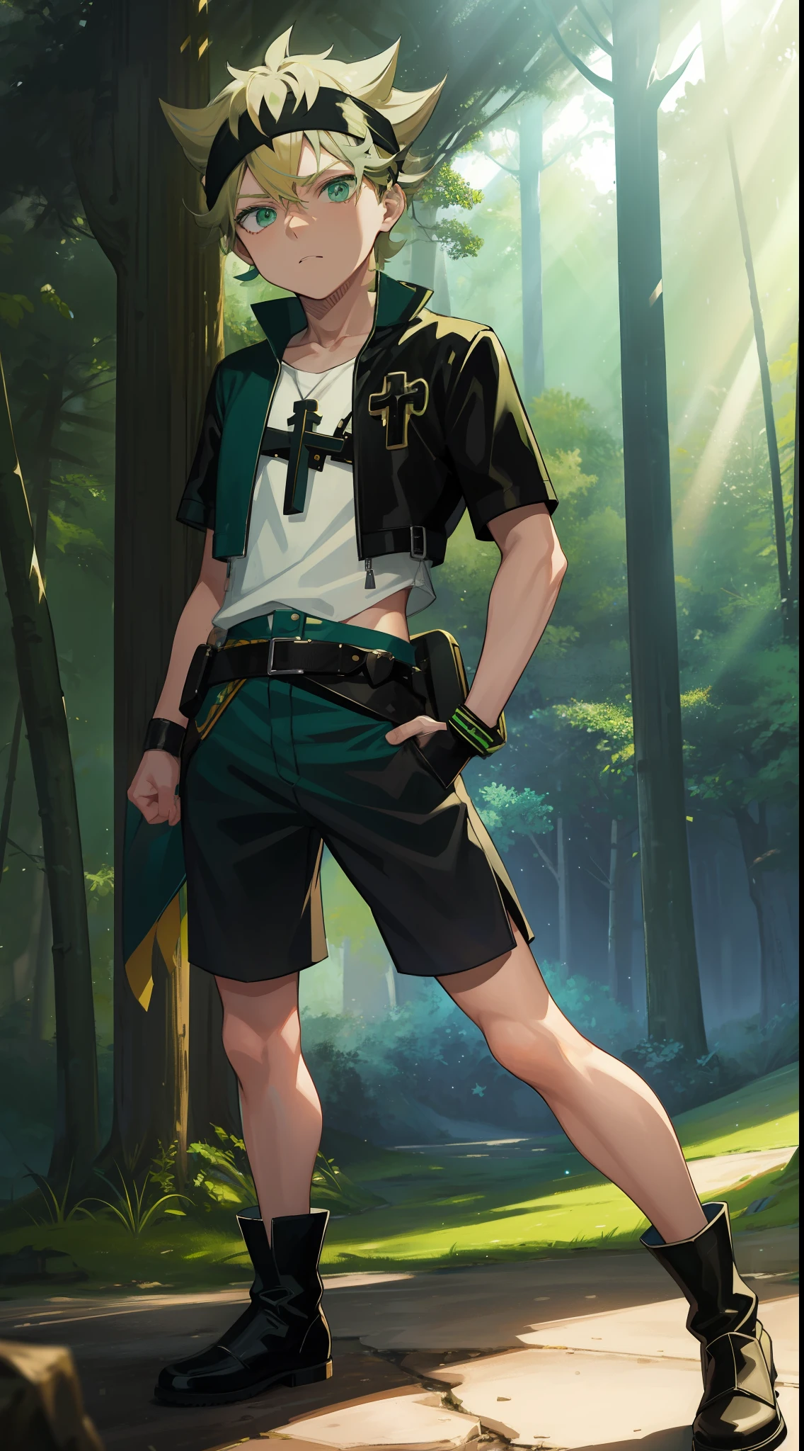 portrait, neon, 1 boy, shonen style, ash blond hair with a black headband, green eyes, white and dark blue clothing, leather jacket, shorts, boots, belt with a green pouch, cool, full body, color --name Asta --forest background with a wooden cross and a black wing