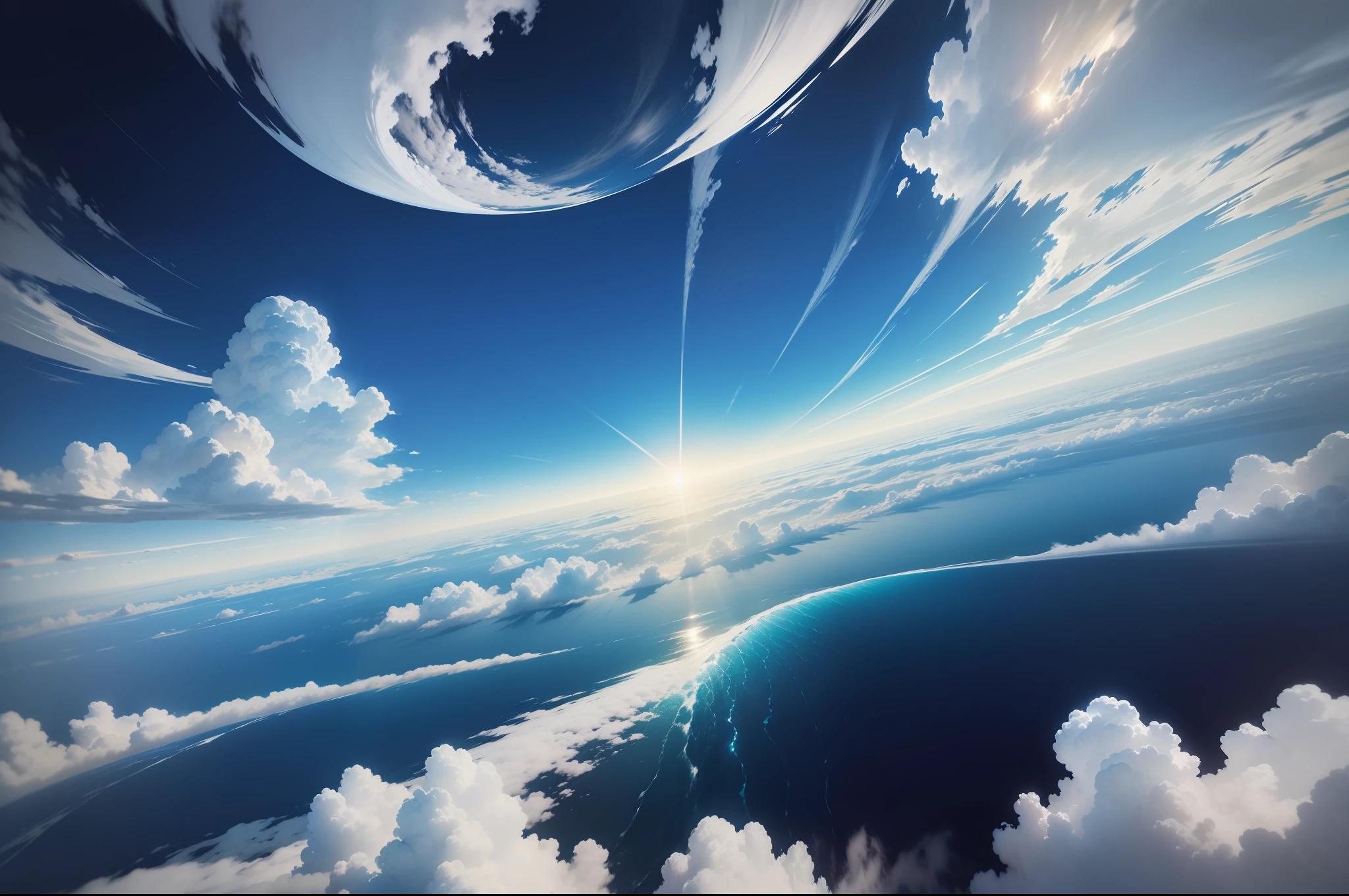 Perspective of the sea of clouds,Early morning feeling,Blue and white clouds,extreme hight detail,A corner of the sun