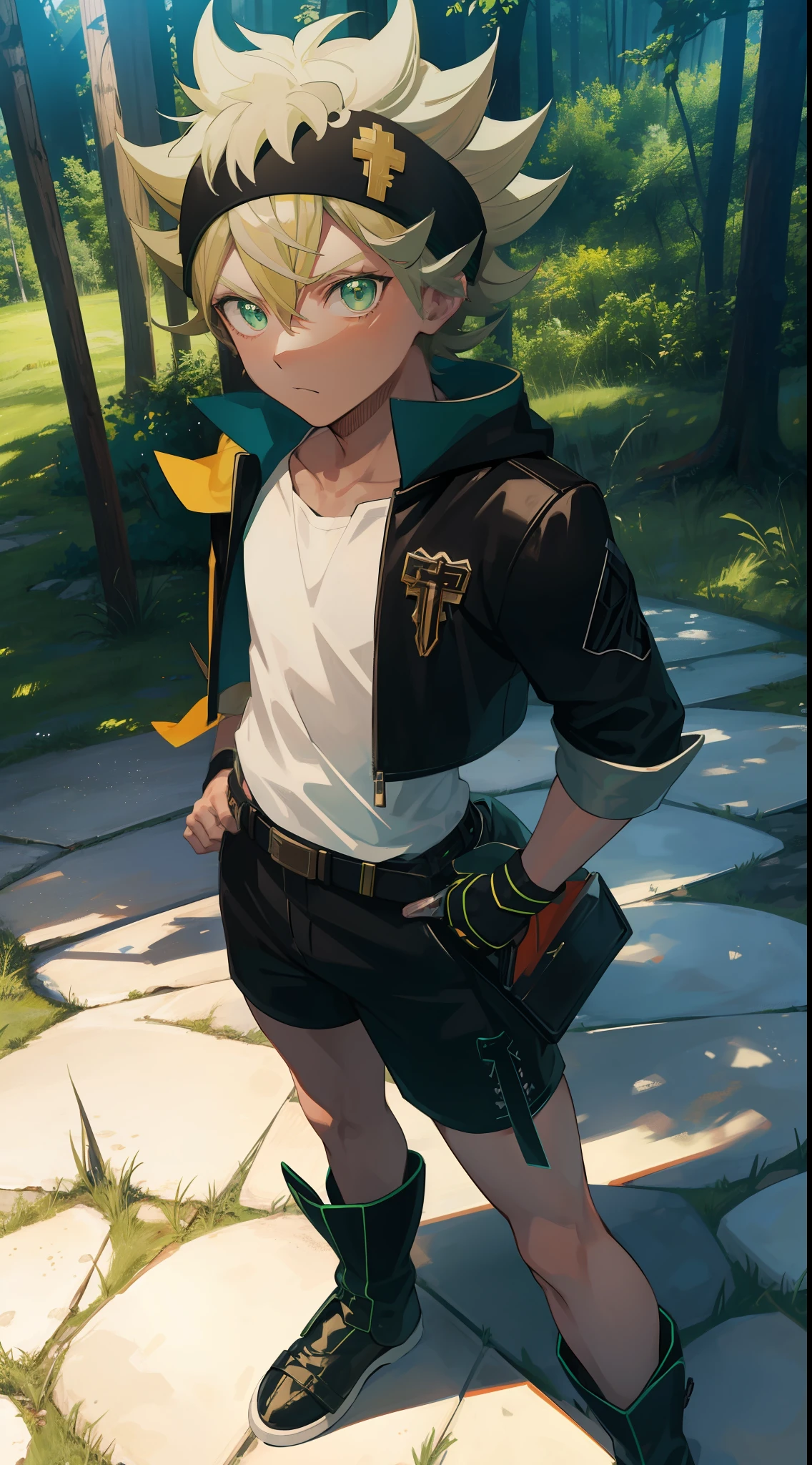 portrait, neon, 1 boy, shonen style, ash blond hair with a black headband, green eyes, white and dark blue clothing, leather jacket, shorts, boots, belt with a green pouch, cool, full body, color --name Asta --forest background with a wooden cross and a black wing