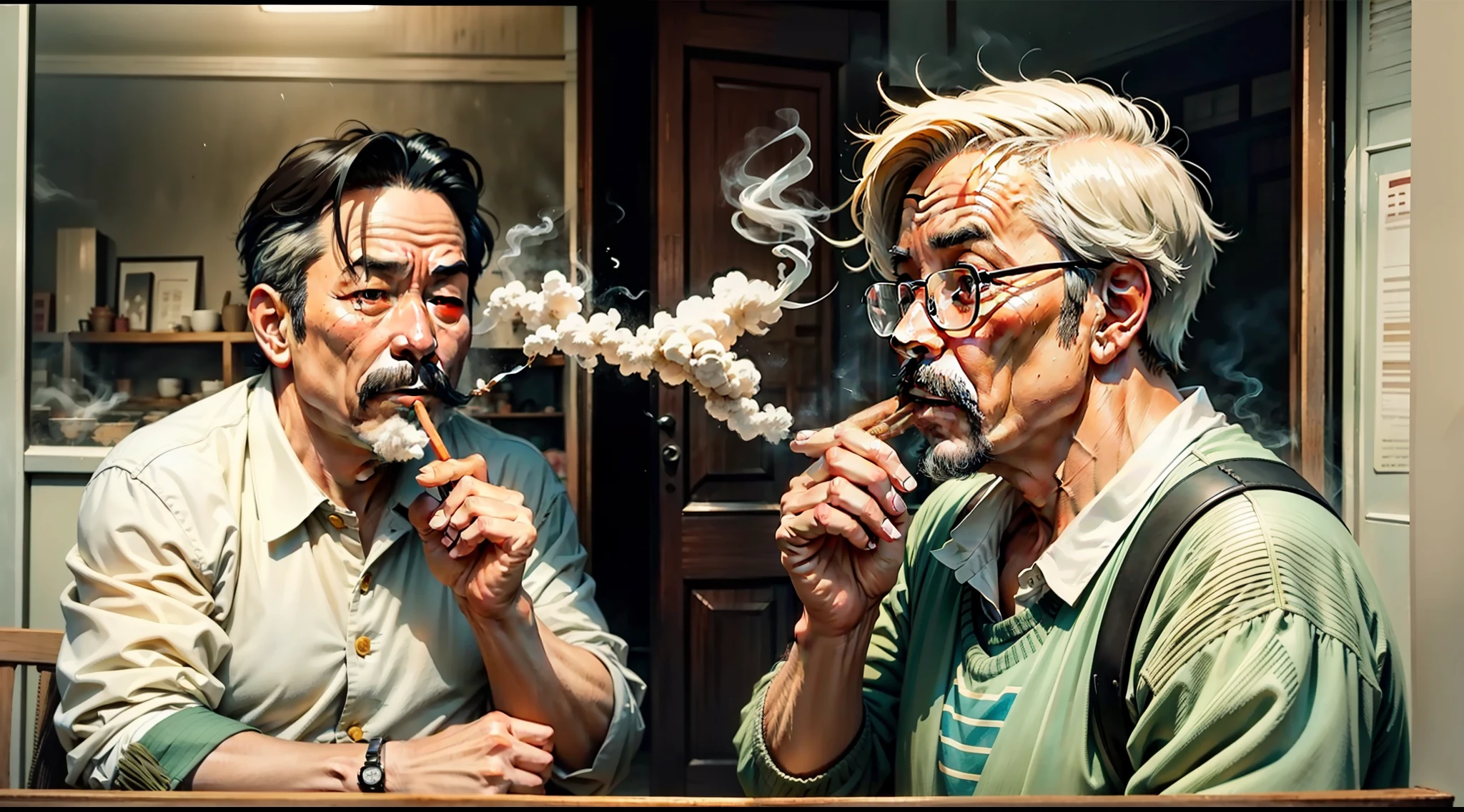 A middle-aged man in his 40s, smoking cigars, chinoises, manga, Hayao Miyazaki