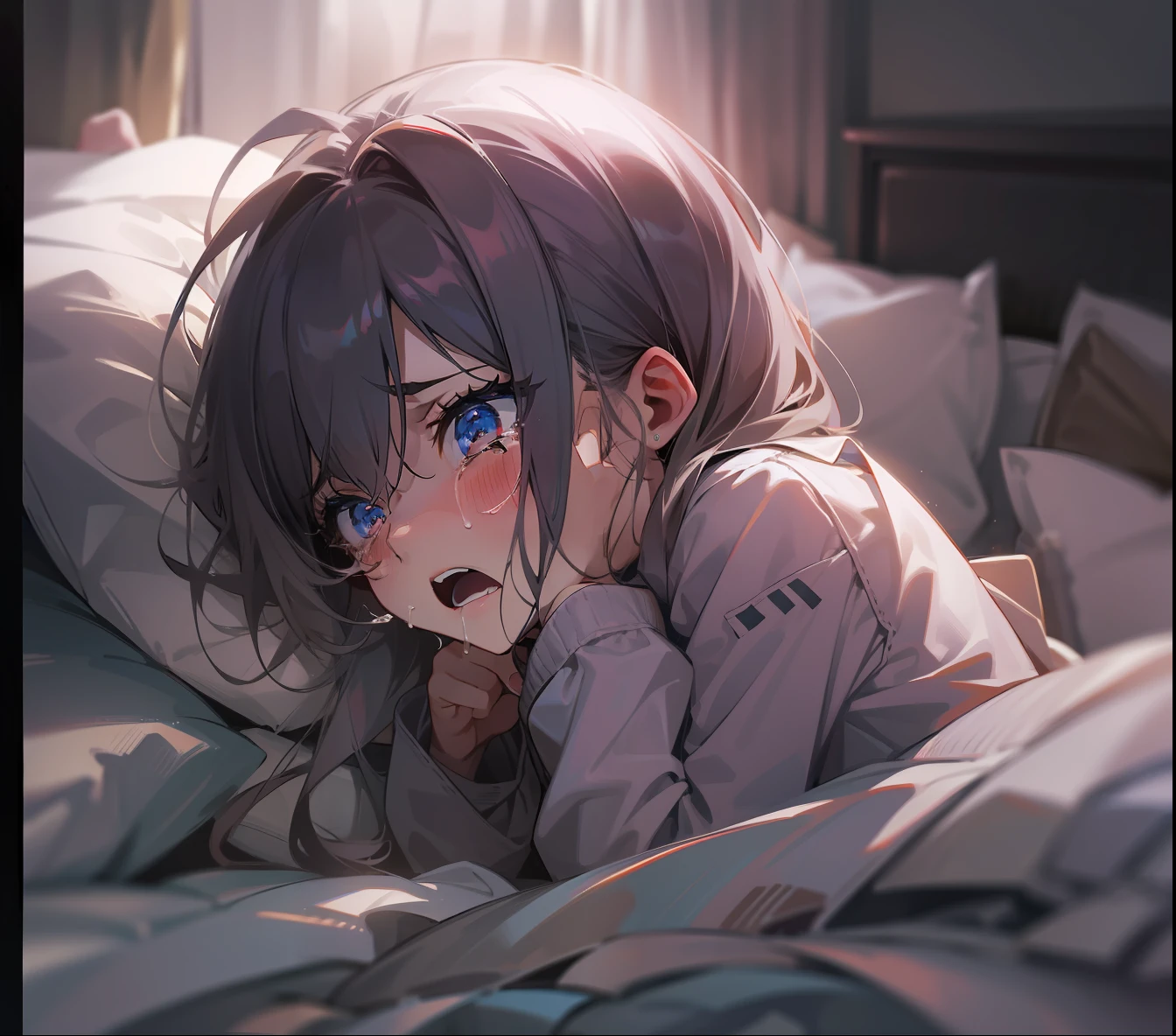 ((Best quality)), 8K, 1girl, (bedroom, dim light, dark:1.1), crying, clutching stomach