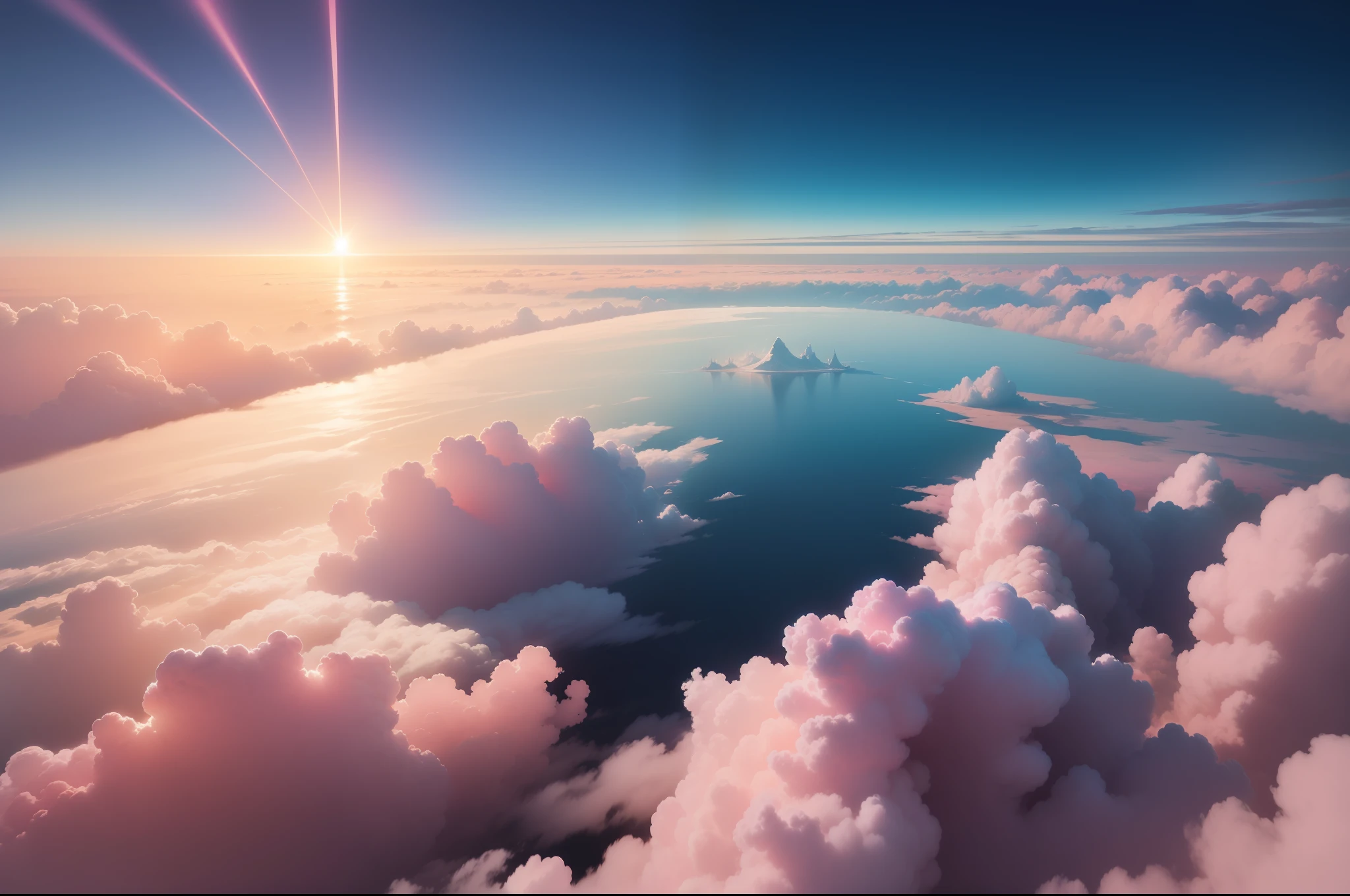 The perspective is in the sea of clouds,Morning feeling,Pink and white clouds,extreme hight detail,You can see a corner of the sun
