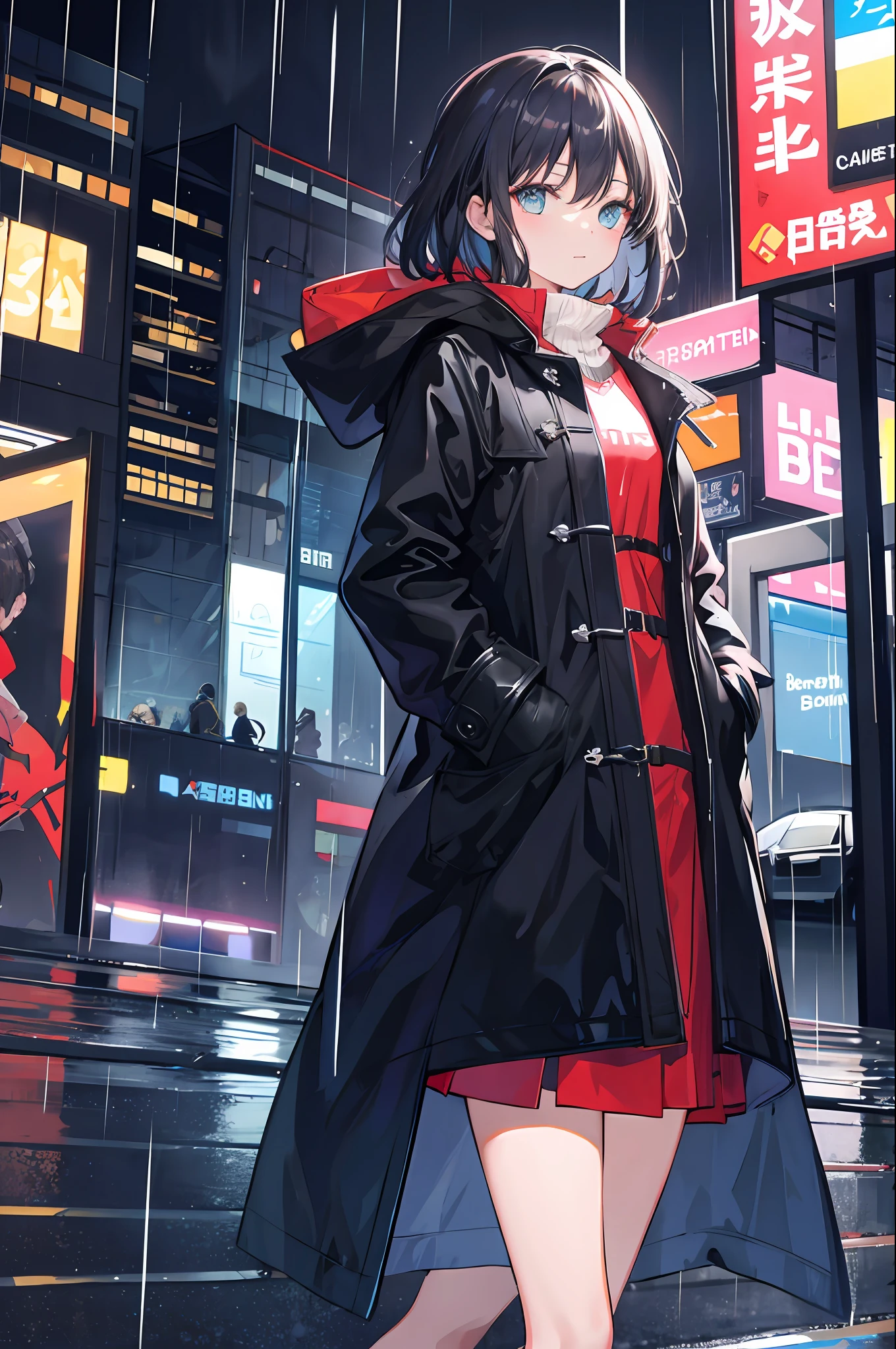 1girl, Night City, rain, coat, hands in pockets